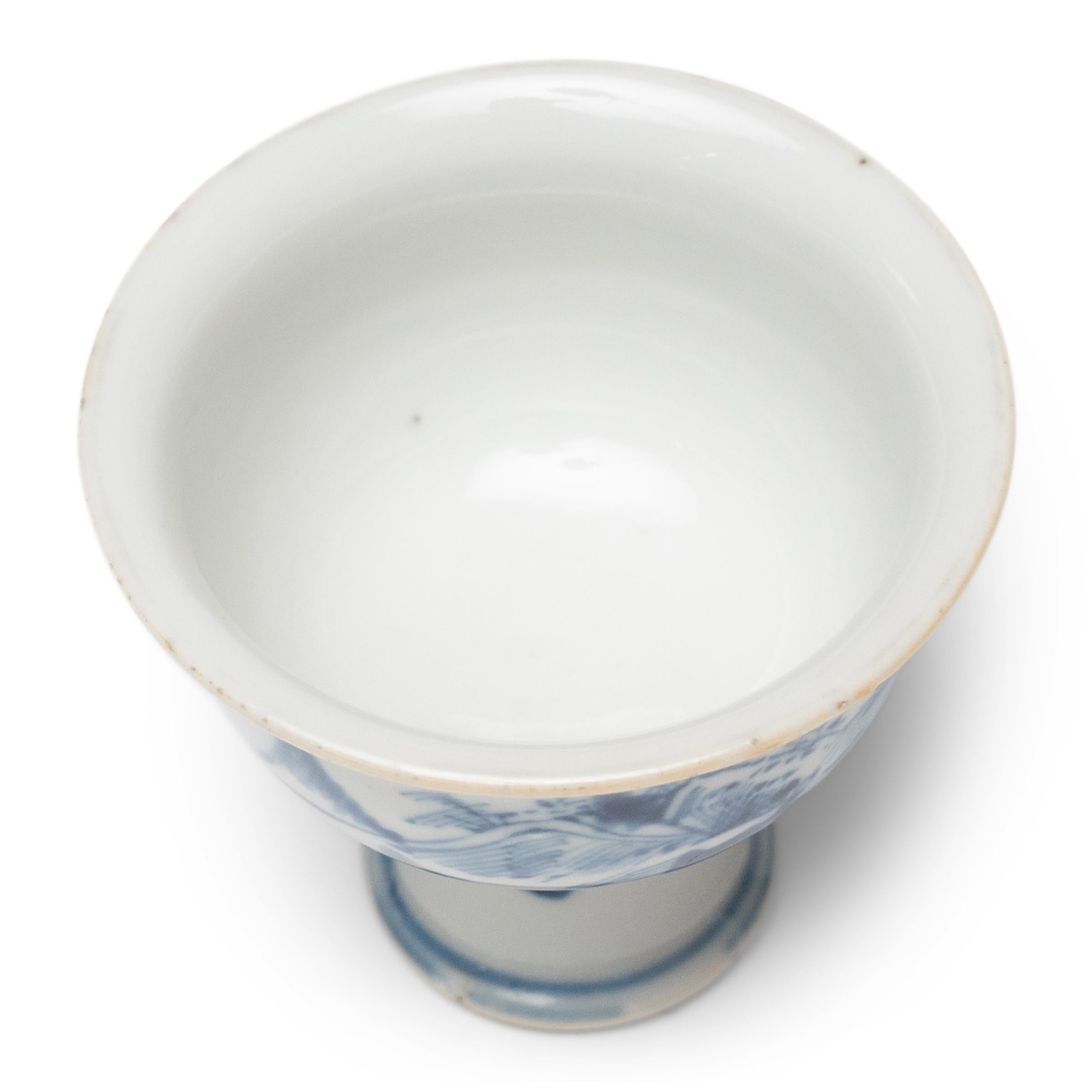 Glazed Chinese Blue & White Floral Stem Cup For Sale