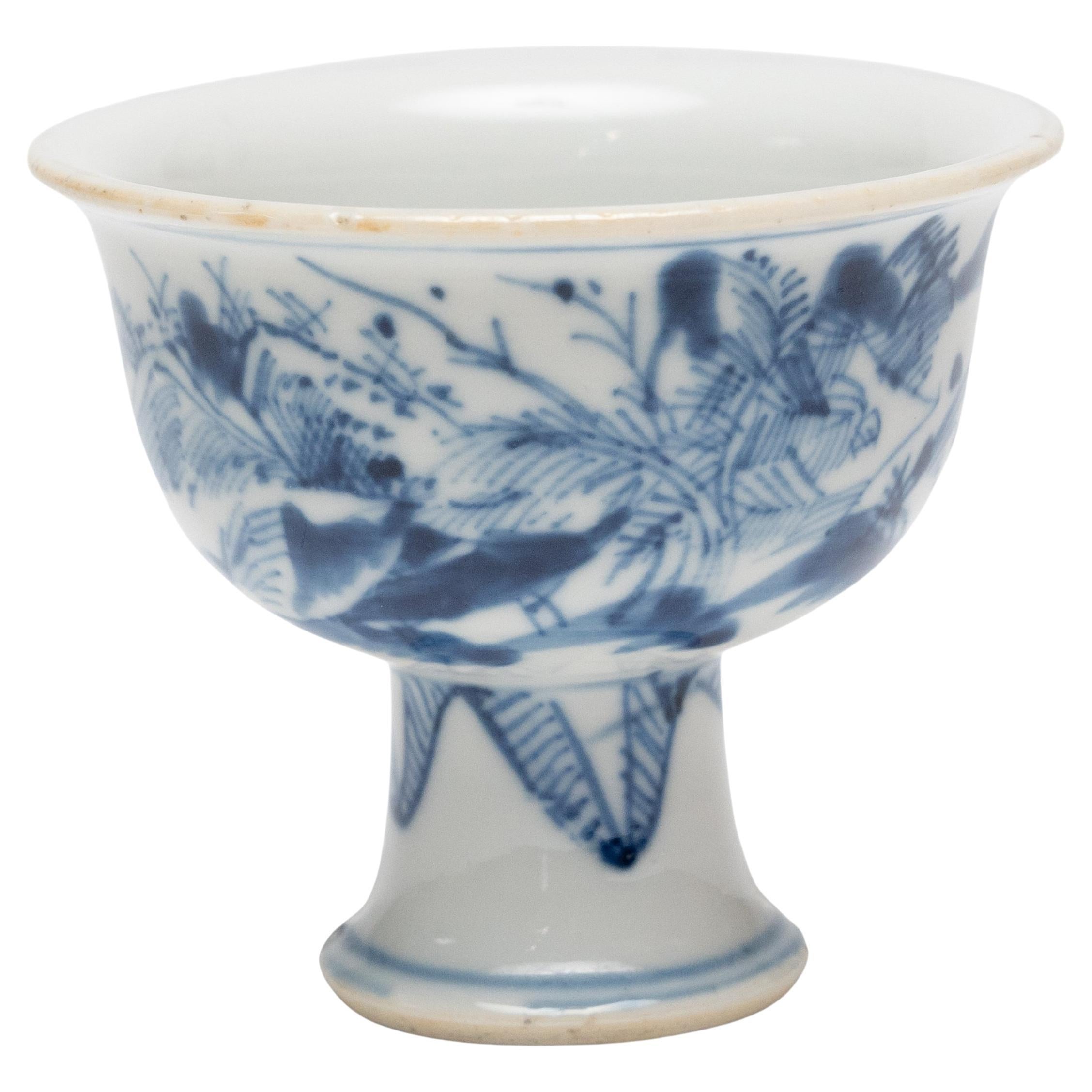 Chinese Blue & White Floral Stem Cup For Sale