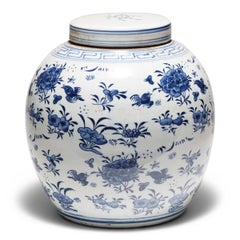 Chinese Blue & White Ginger Jar with Birds & Flowers