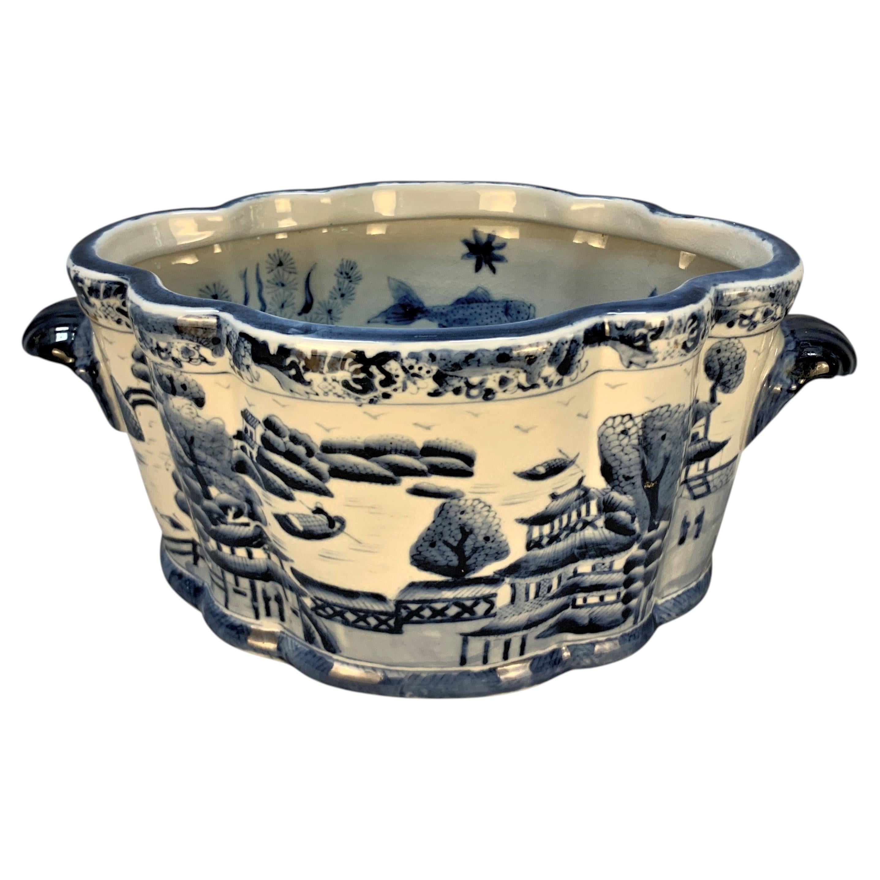 Chinese Blue & White Hand Painted Cache Pot For Sale