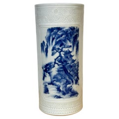 Chinese Blue & White & Incised  Porcelain 'Jiangnan Mountain'  Cylinder Vase