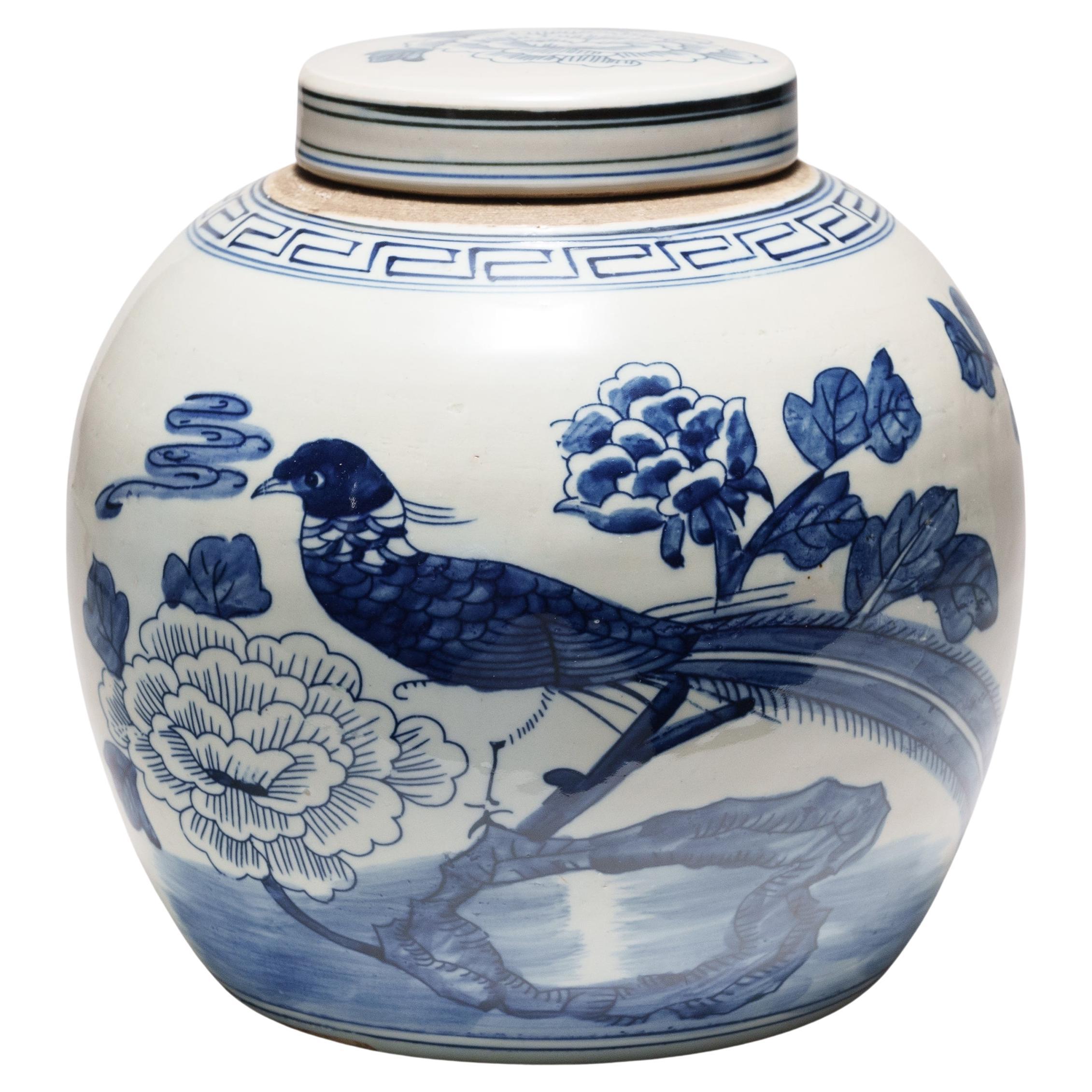 Chinese Blue & White Jar with Birds & Flowers For Sale