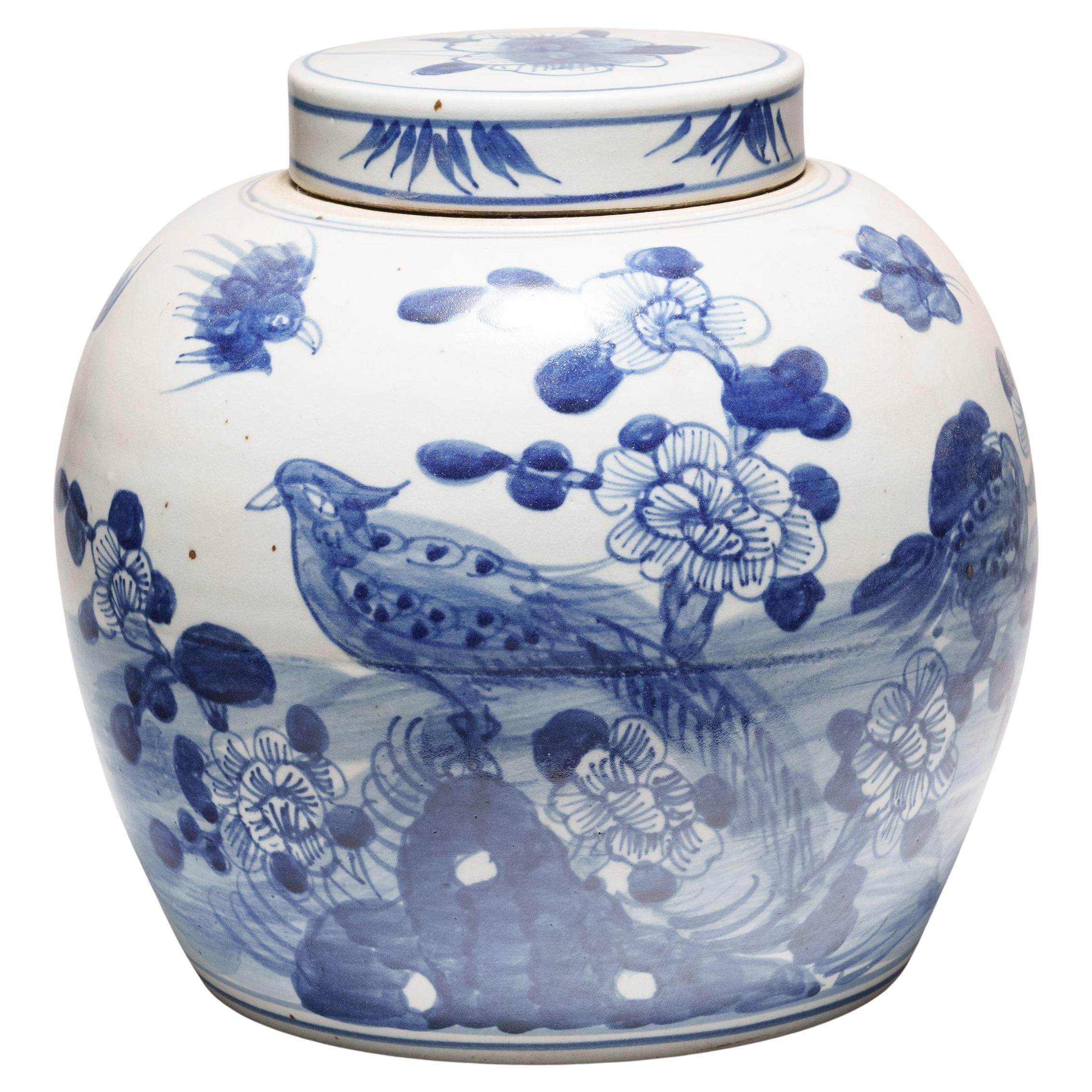 Chinese Blue & White Jar with Birds & Flowers