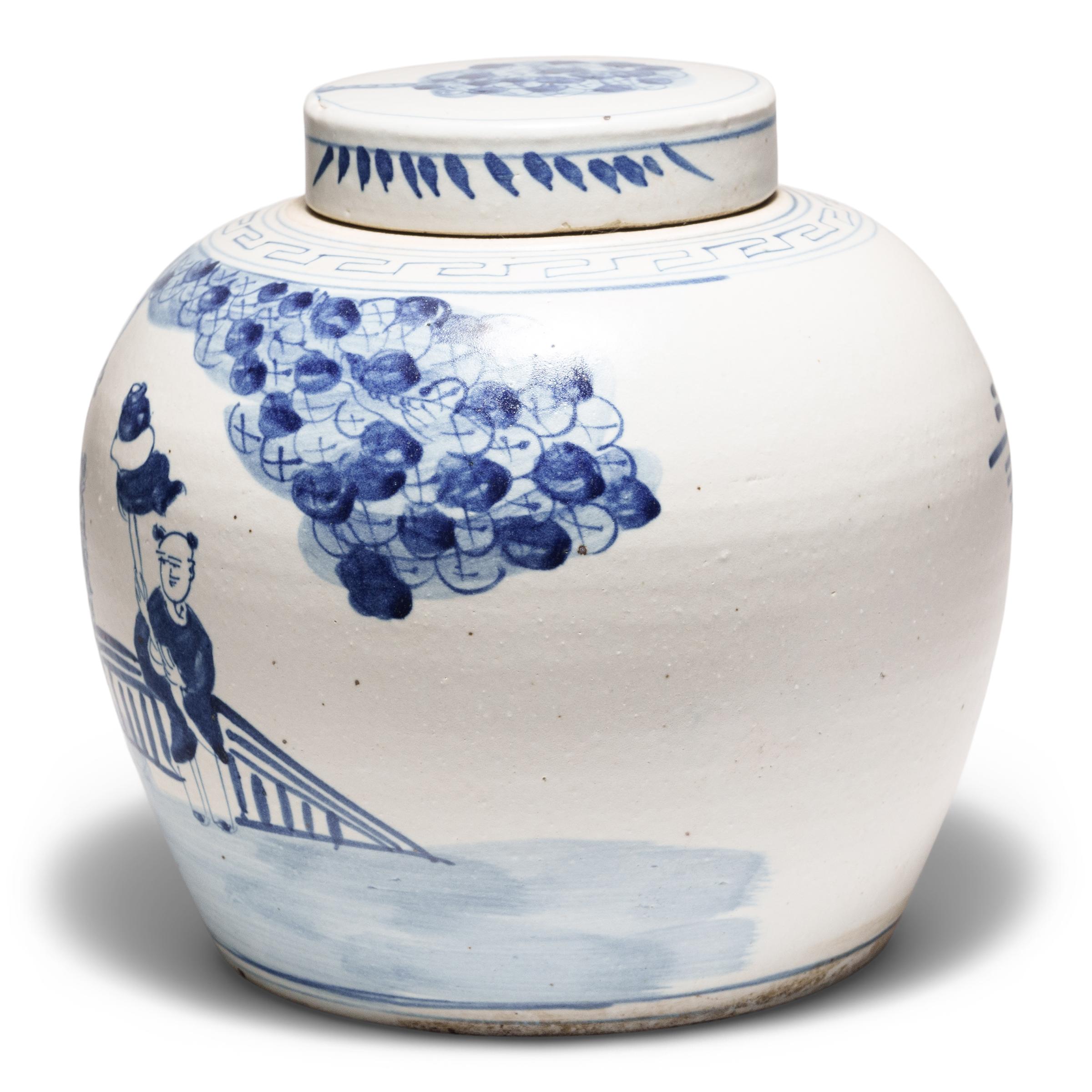 Spennellato con pigmenti blu cobalto, questo vaso rotondo di colore bianco e blu è rivestito con una processione celebrativa di giovani ragazzi che guidano un mitico qilin. Conosciuti anche come kirin o unicorni cinesi, i qilin sono animali