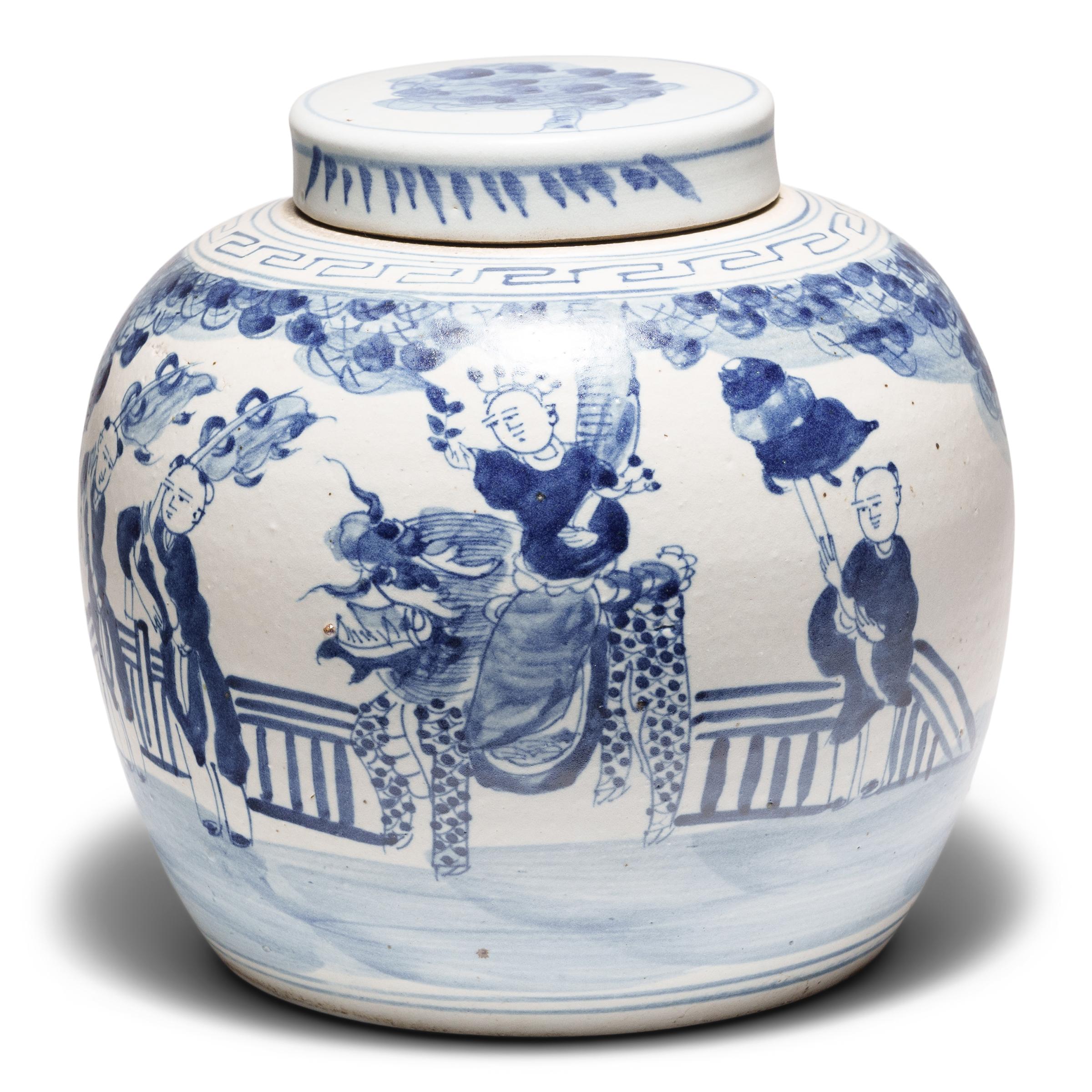 Cinese Vaso cinese in bianco e blu con il primo studioso in vendita