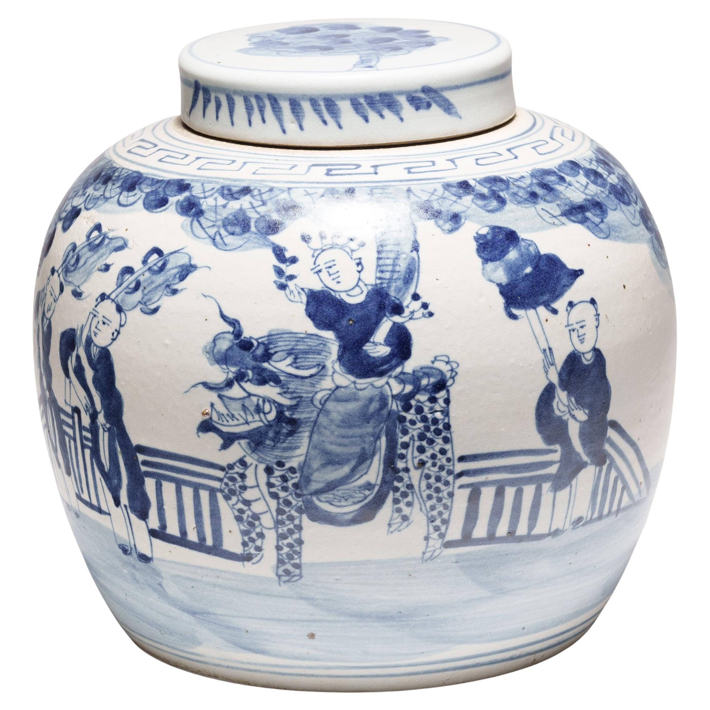 Vaso cinese in bianco e blu con il primo studioso