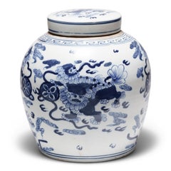 Chinese Blue & White Jar with Mythical Fu Lions