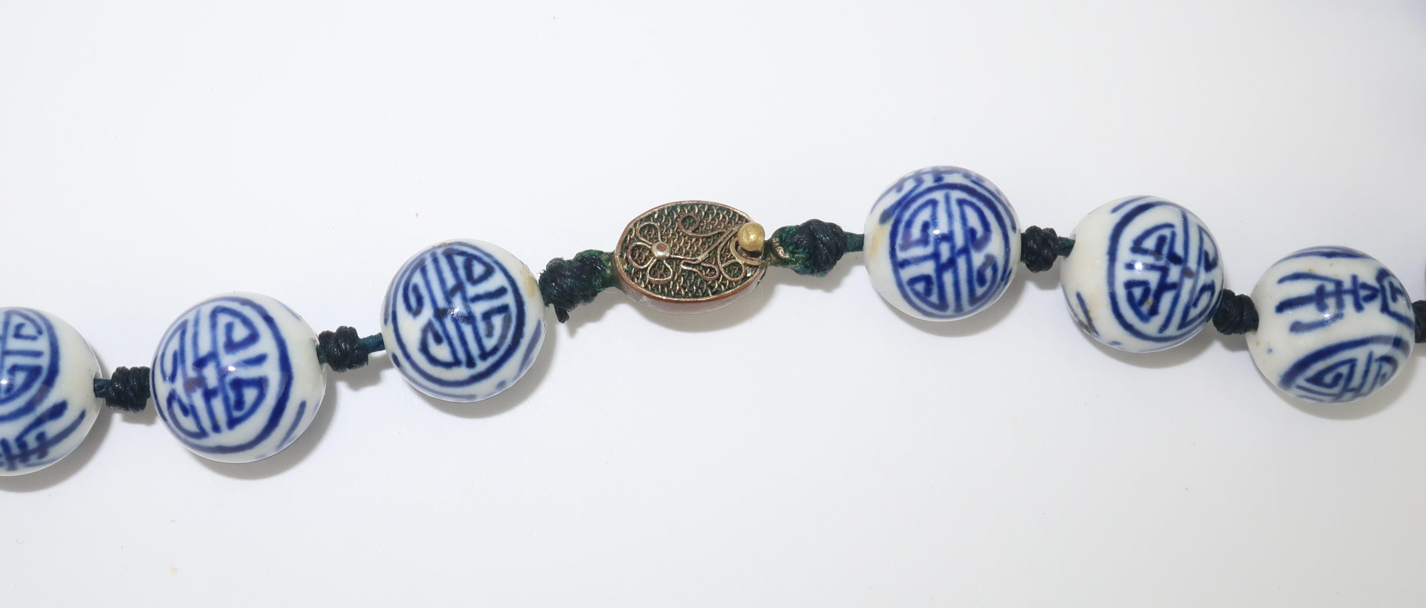Post-War Chinese Blue & White Porcelain Bead Necklace, 1950's