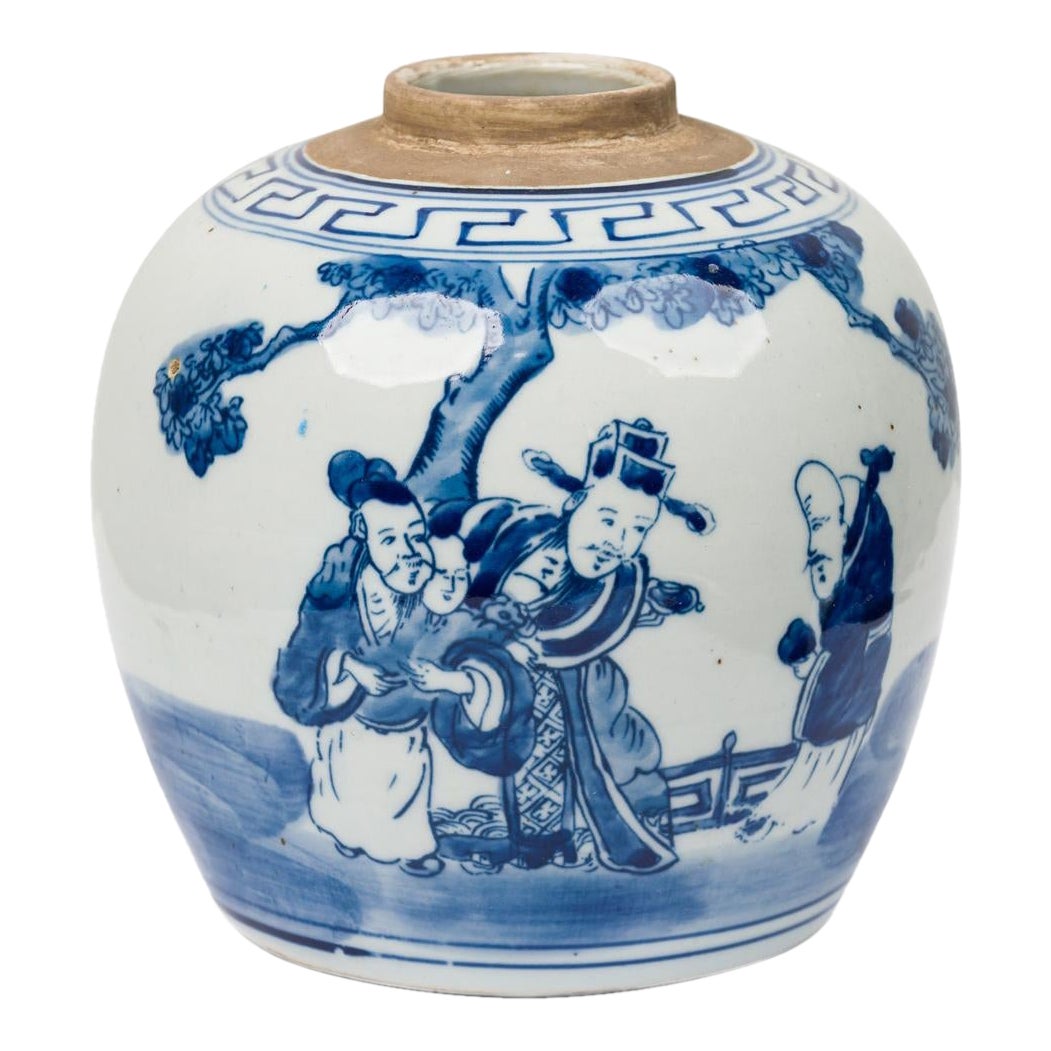 Chinese Blue 
White Porcelain Covered Jars with Figural Scenes