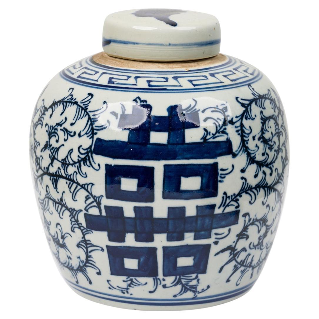 Chinesische blau-weiße Porzellangefäße mit Blumendekoration und Kalligrafie aus Porzellan