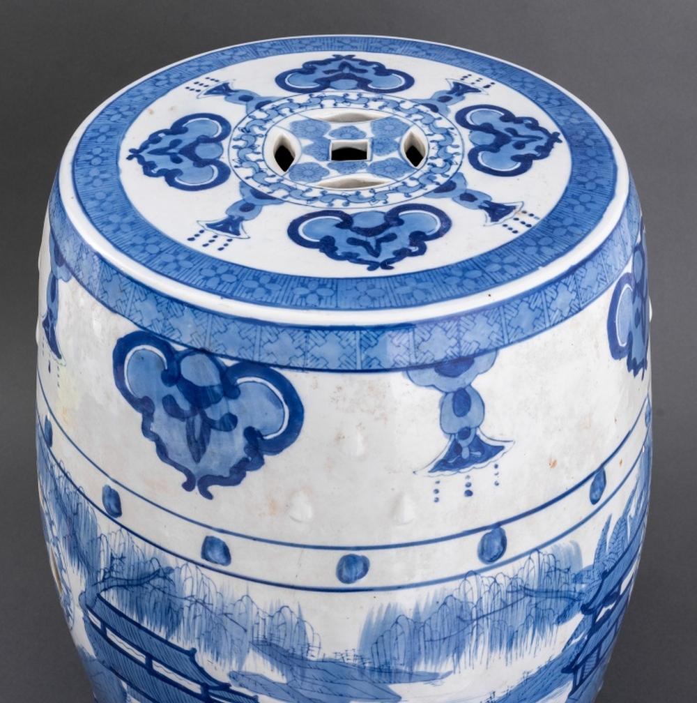 Chinese blue and white glazed porcelain garden seat or plant stand with landscape scene and subtle openwork details. It's a versatile piece that is ideal as a side table, plant stand, garden seat or decorative accent. 18.5