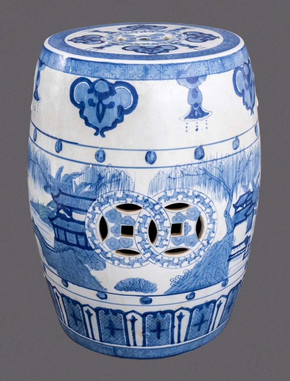Glazed Chinese Blue & White Porcelain Garden Seat or Plant Stand For Sale