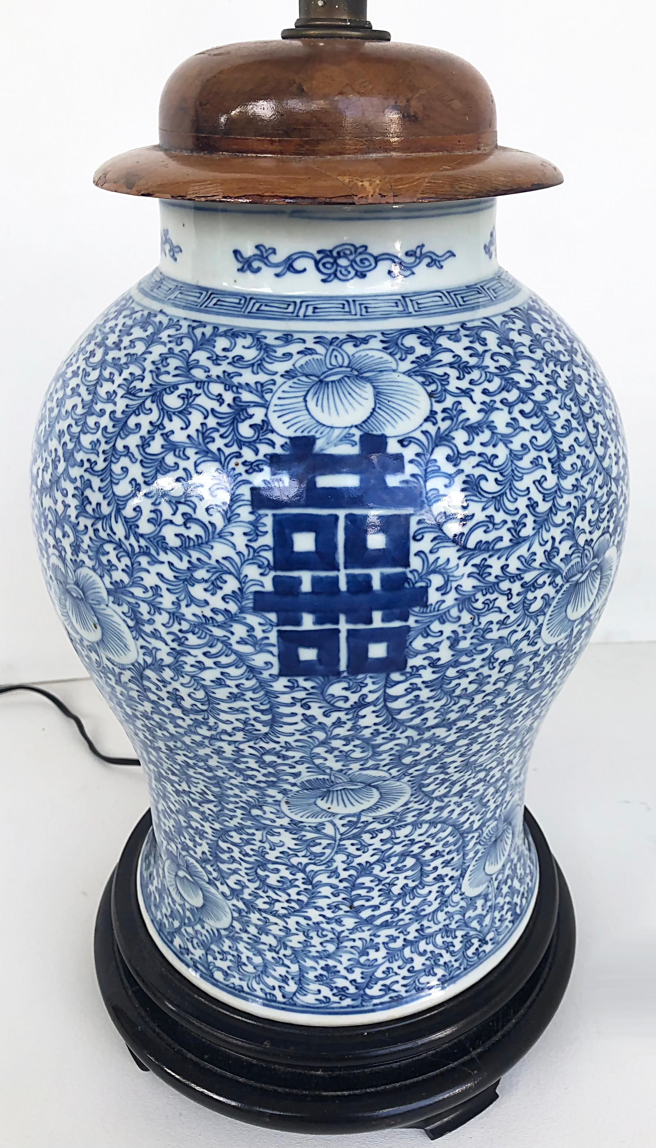 20th Century Chinese Blue & White Porcelain Ginger Jar Table Lamps with Ebonized Wood Stands