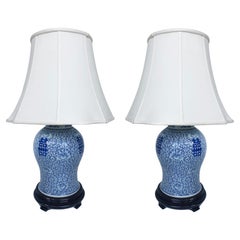 Chinese Blue & White Porcelain Ginger Jar Table Lamps with Ebonized Wood Stands