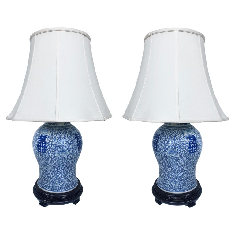 Chinese Blue & White Porcelain Ginger Jar Table Lamps with Ebonized Wood Stands For Sale