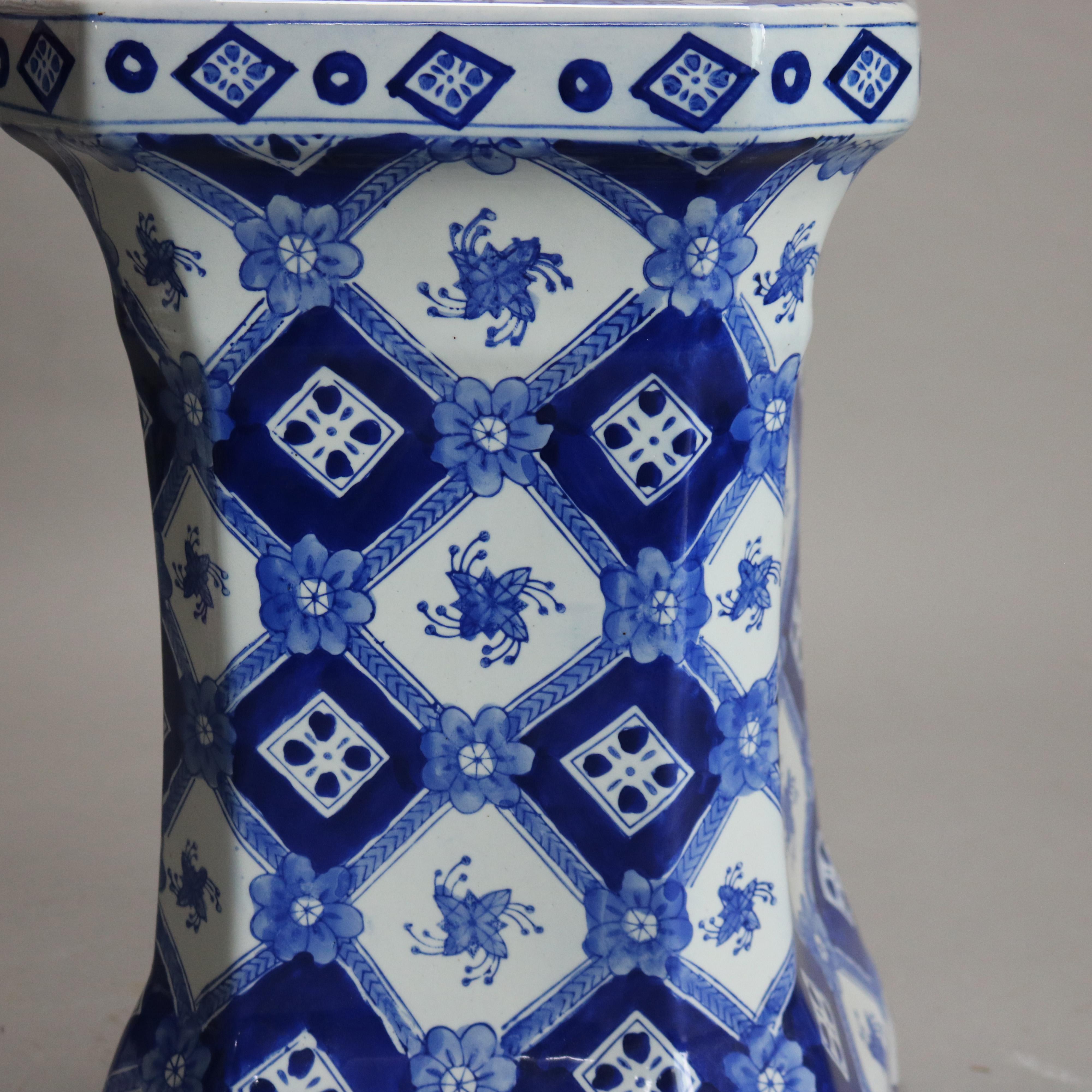 Chinese Blue & White Porcelain Hourglass Form Floral Garden Seat 20thC In Good Condition In Big Flats, NY