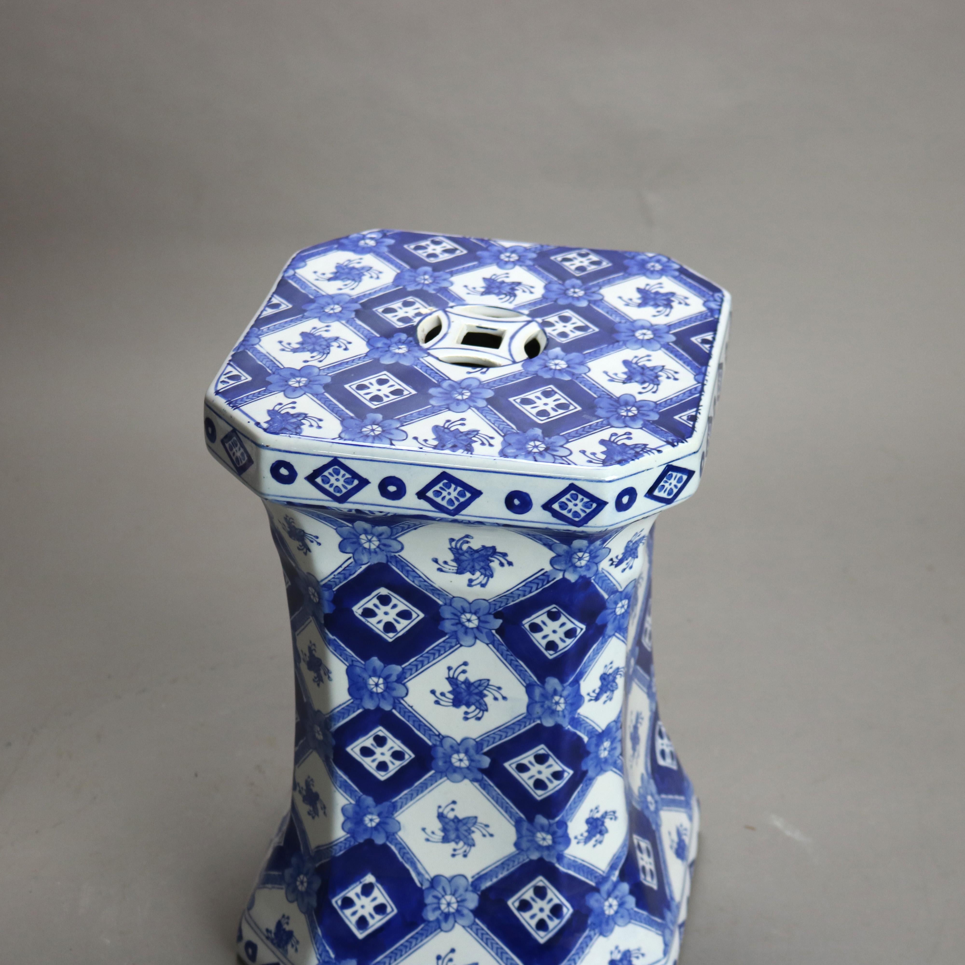 20th Century Chinese Blue & White Porcelain Hourglass Form Floral Garden Seat 20thC