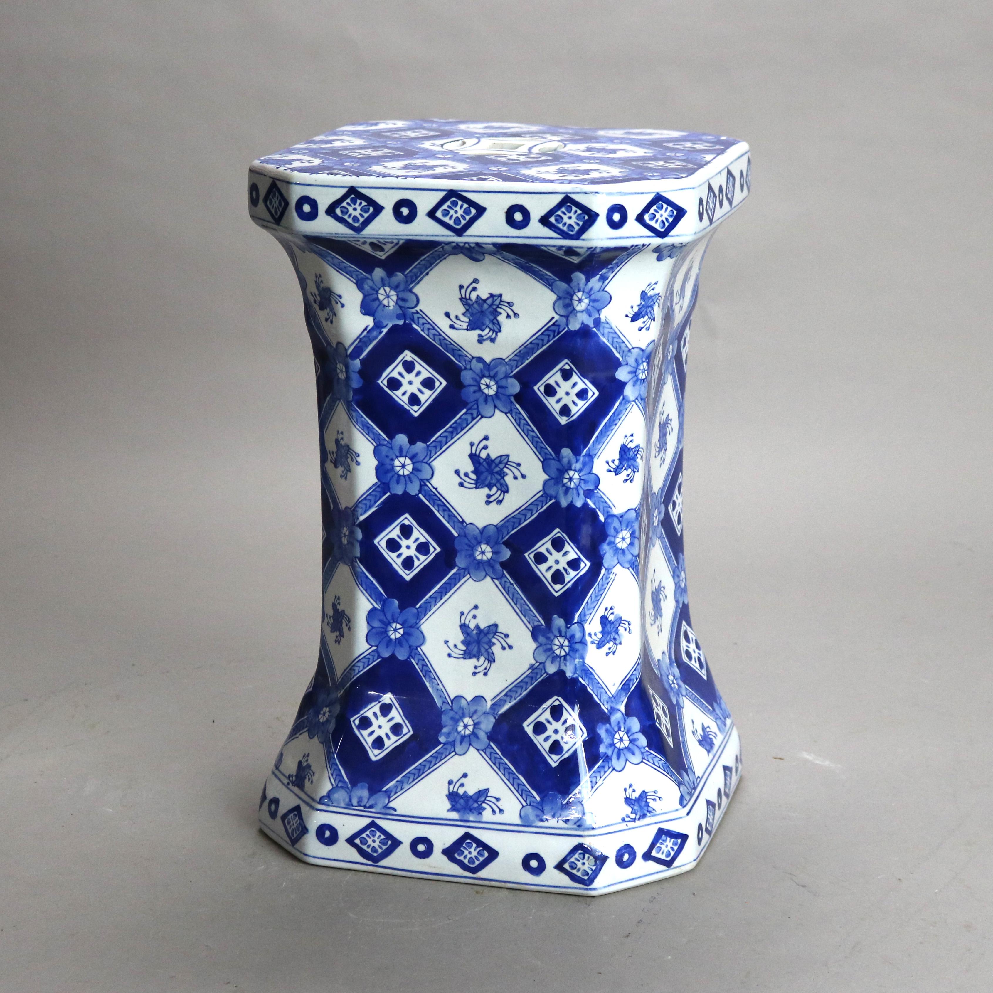 Chinese Blue & White Porcelain Hourglass Form Floral Garden Seat 20thC 1
