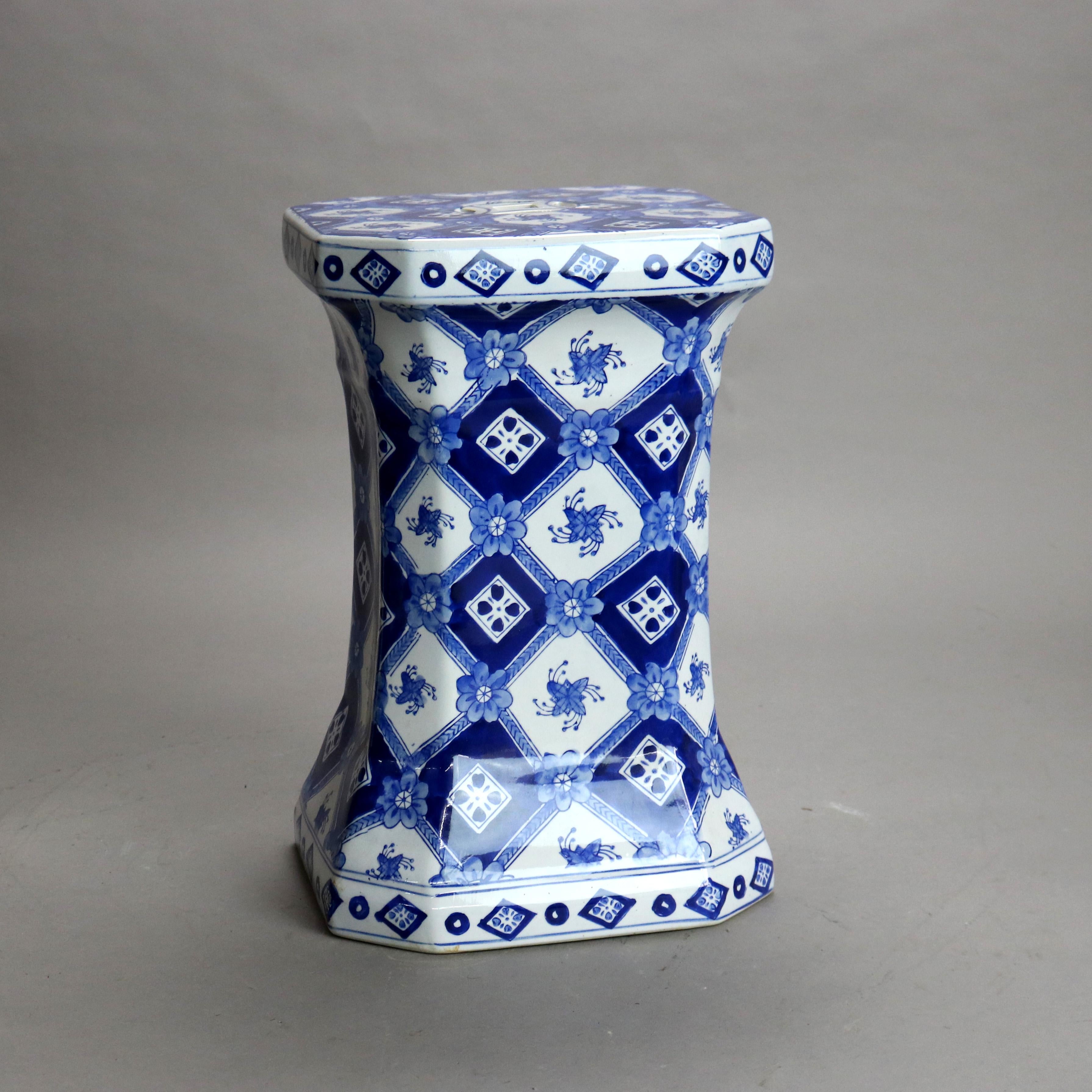 Chinese Blue & White Porcelain Hourglass Form Floral Garden Seat 20thC 2