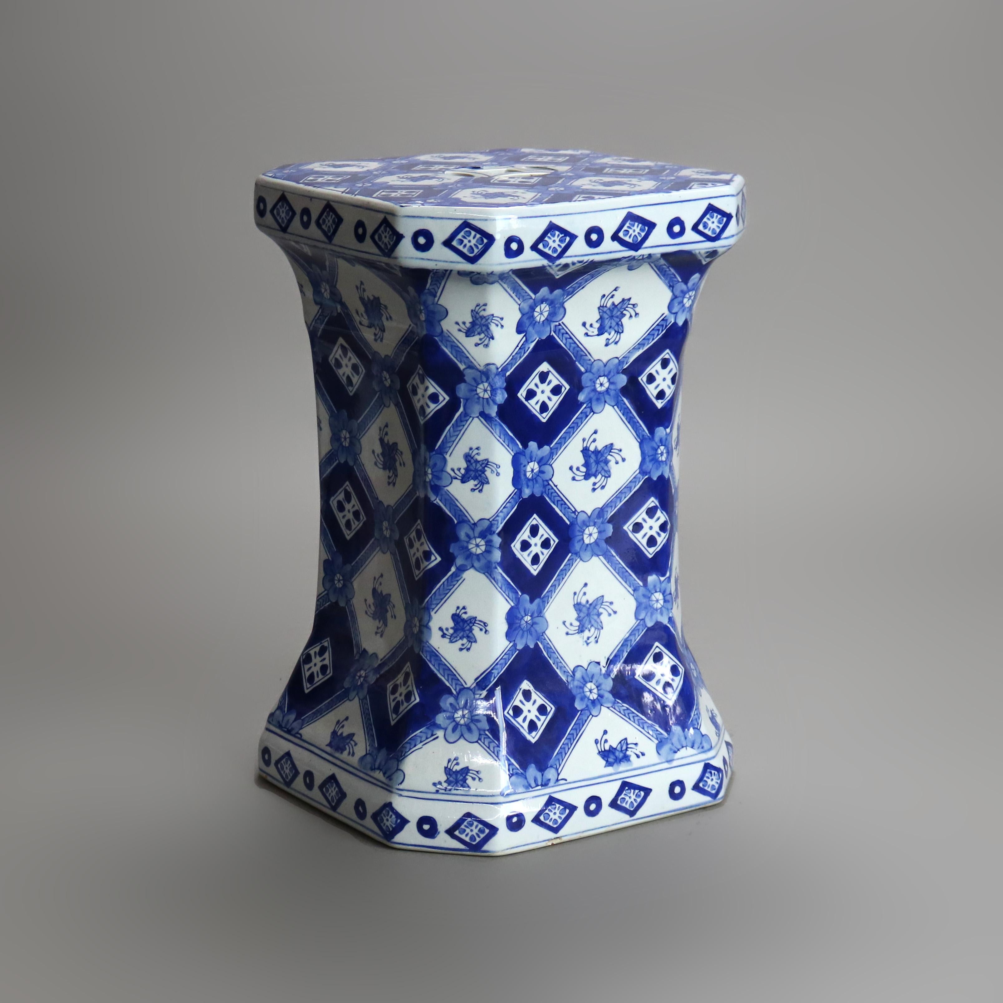 Chinese Blue & White Porcelain Hourglass Form Floral Garden Seat 20thC 3