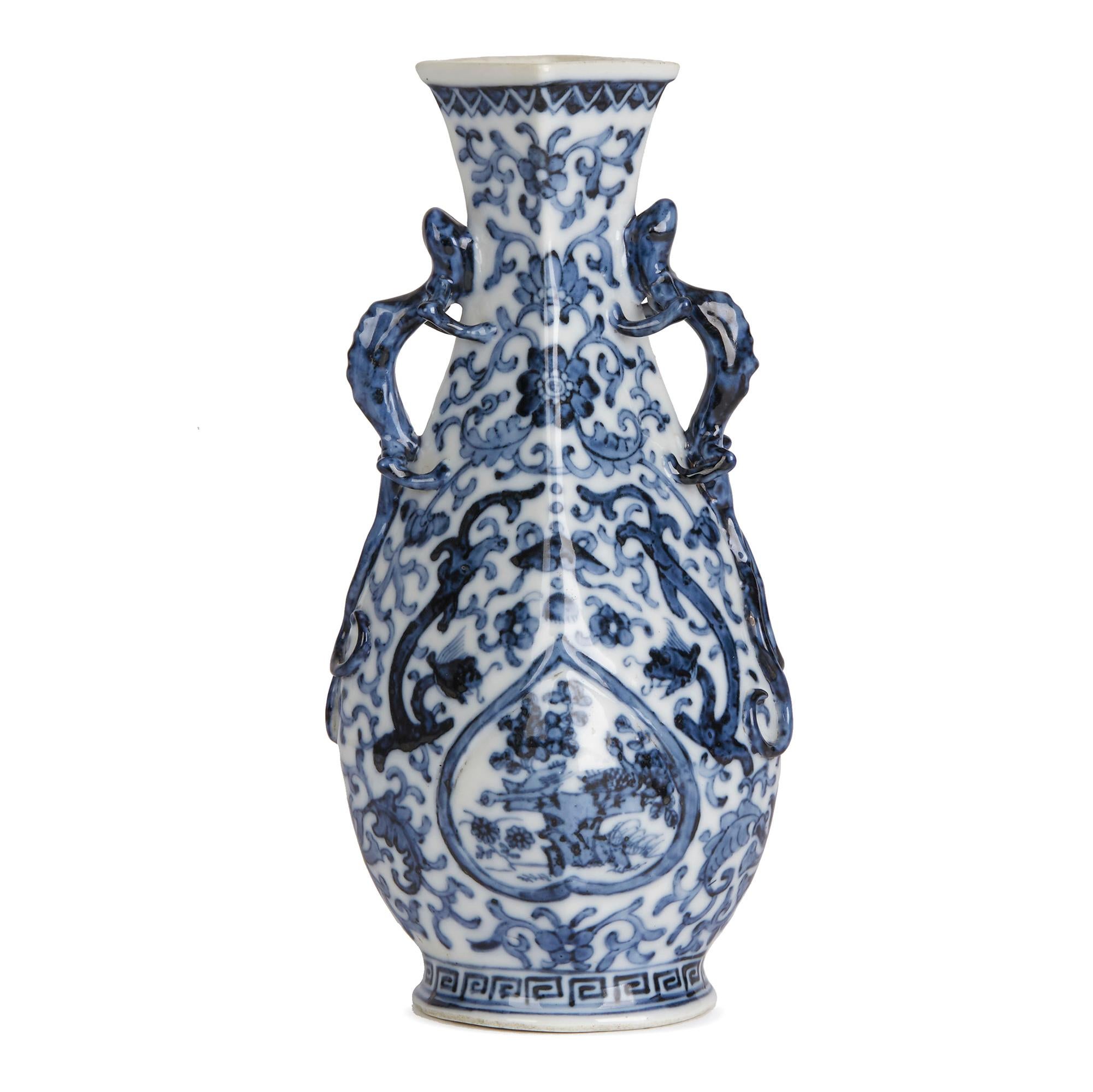 Glazed Chinese Blue and White Porcelain Jiaqing Mark Kylin Handled Vase