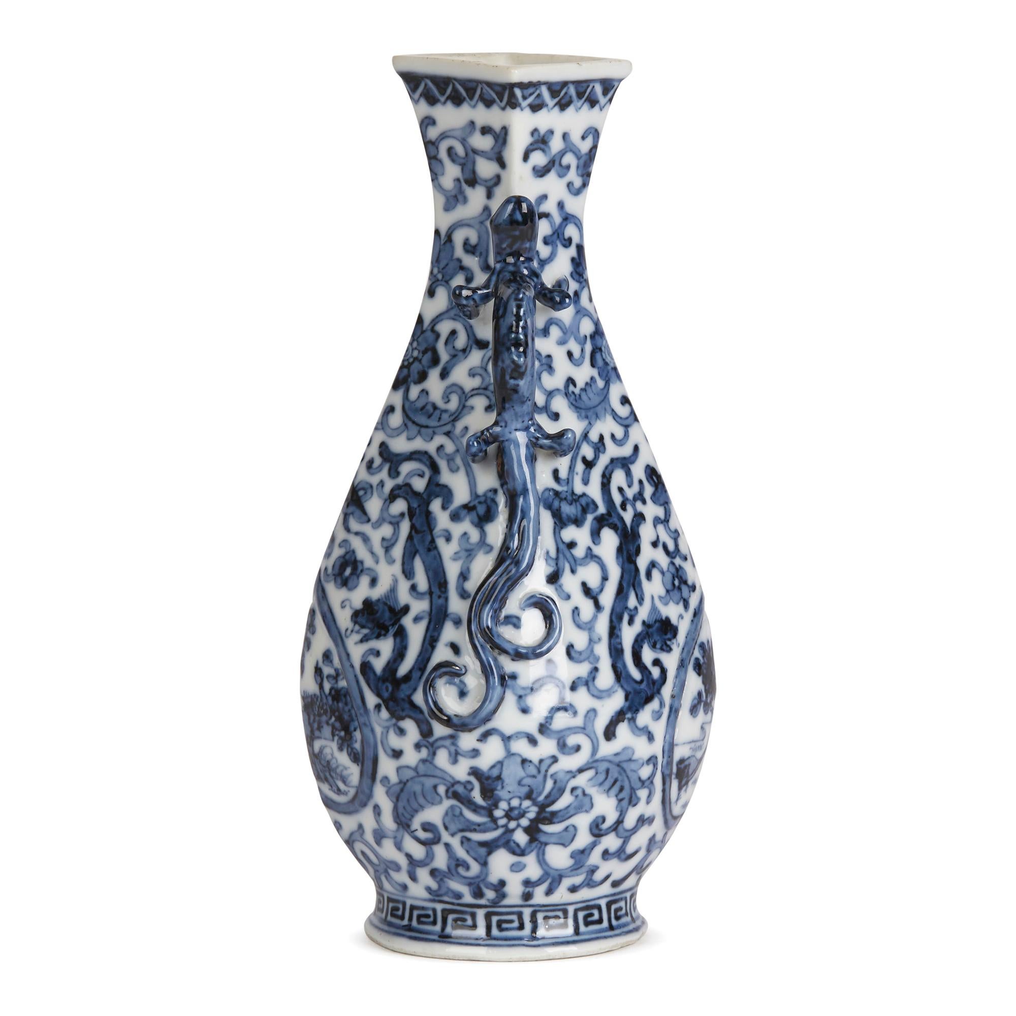 Chinese Blue and White Porcelain Jiaqing Mark Kylin Handled Vase In Excellent Condition In Bishop's Stortford, Hertfordshire