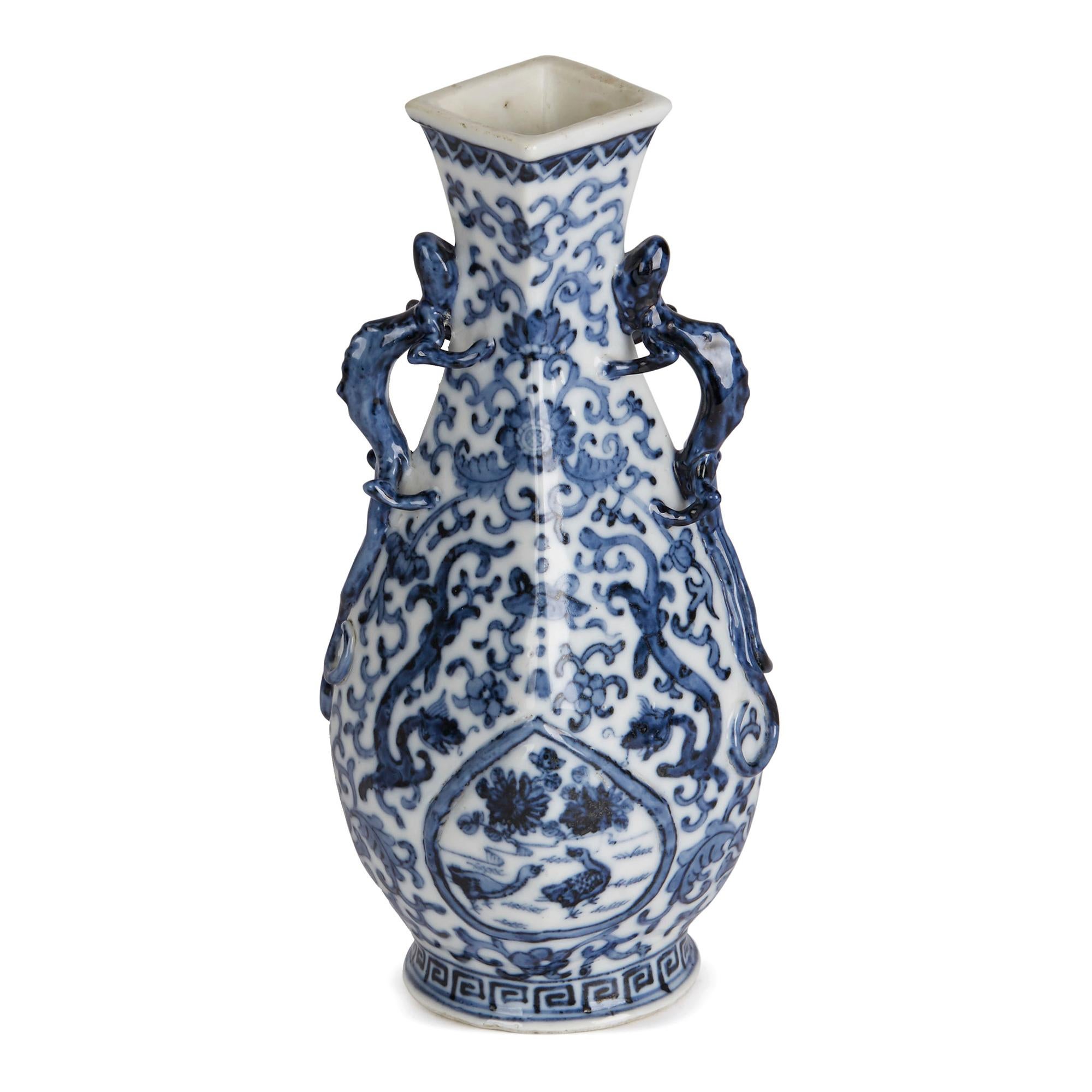 19th Century Chinese Blue and White Porcelain Jiaqing Mark Kylin Handled Vase