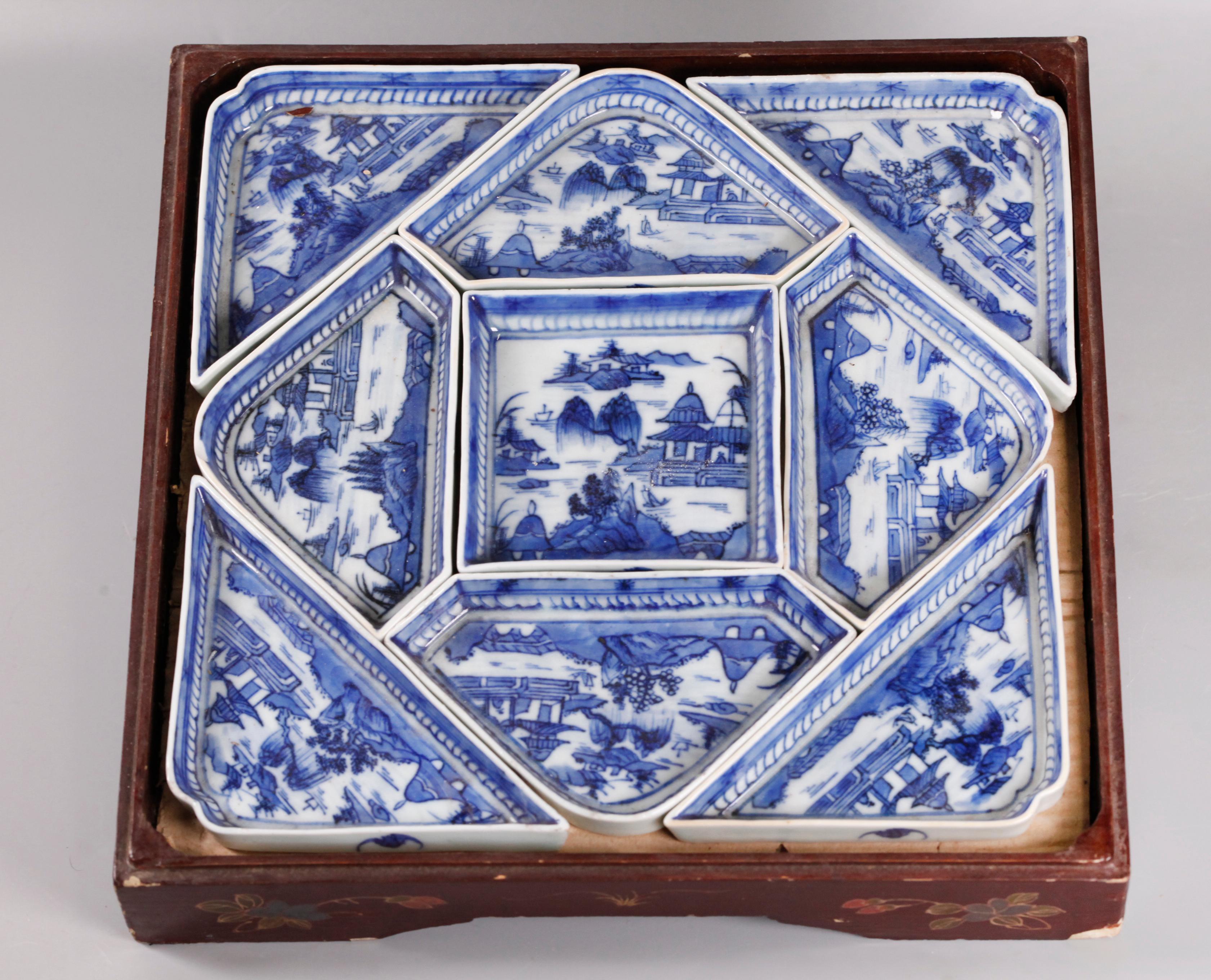 blue and white porcelain meat trays are 18th c.; lacquer box is from the Republican period; 12in(W) x 12in(D) x 3.5in(H) are the dimensions of the lacquer box; largest blue and white porcelain meat tray: 6.5in(W)