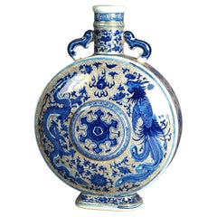 Chinese Blue & White Porcelain Pillow Vase with Dragon & Pheasant 20thC