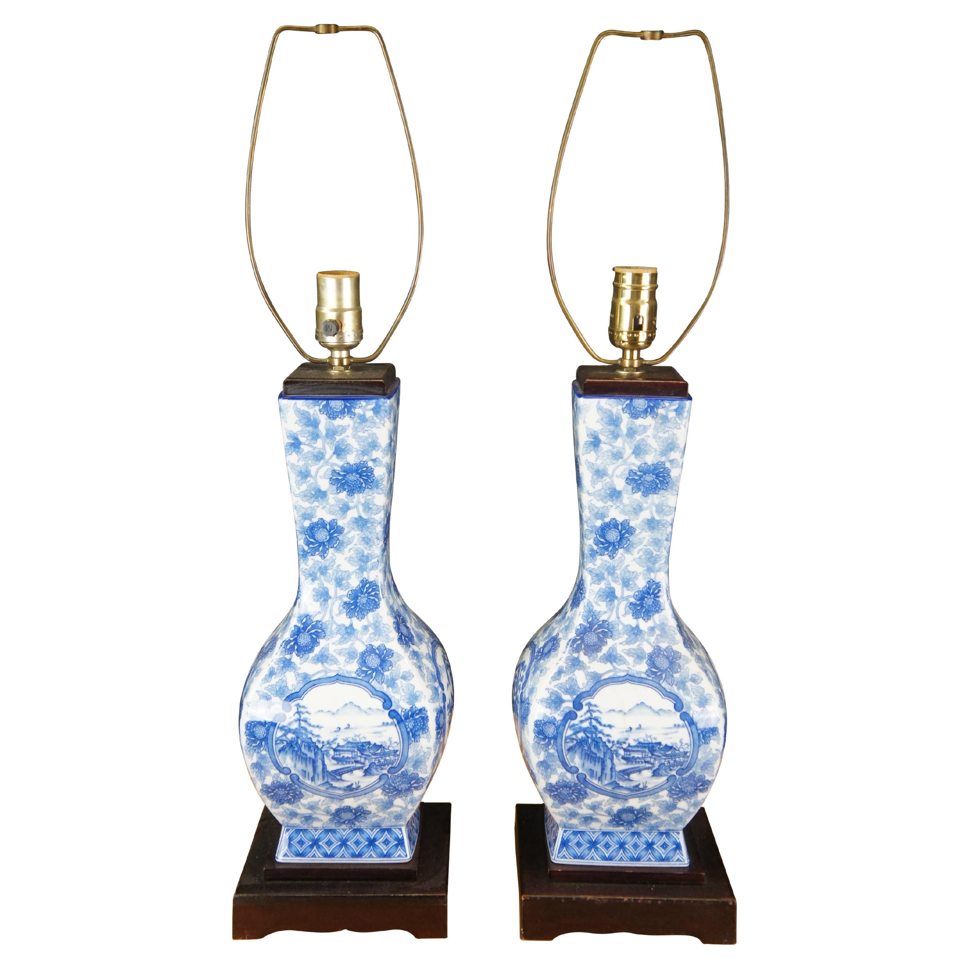 Chinese Blue & White Porcelain Urn Chrysanthemums Pagoda Landscape Table Lamps
