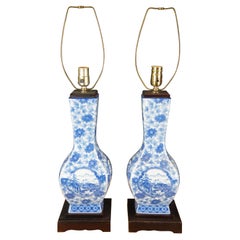 Chinese Blue & White Porcelain Urn Chrysanthemums Pagoda Landscape Table Lamps