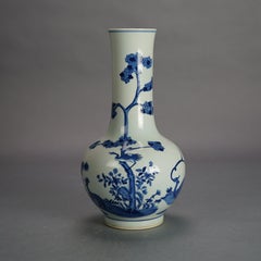 Chinese Blue & White Pottery Bottle Vase with Garden Scene & Deer 20thC