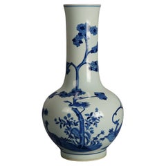 Chinese Blue & White Pottery Bottle Vase with Garden Scene & Deer 20thC