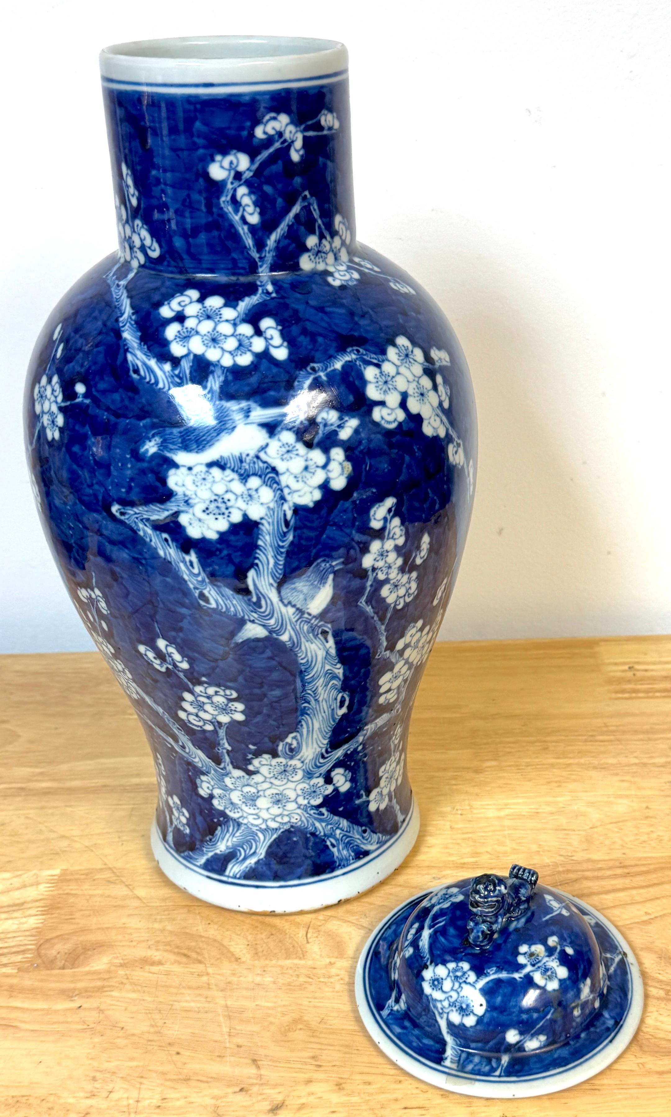 Chinese Blue & White 'Prunus & Birds' Jar/Vase & Cover Earlier Qing Dynasty In Good Condition For Sale In West Palm Beach, FL