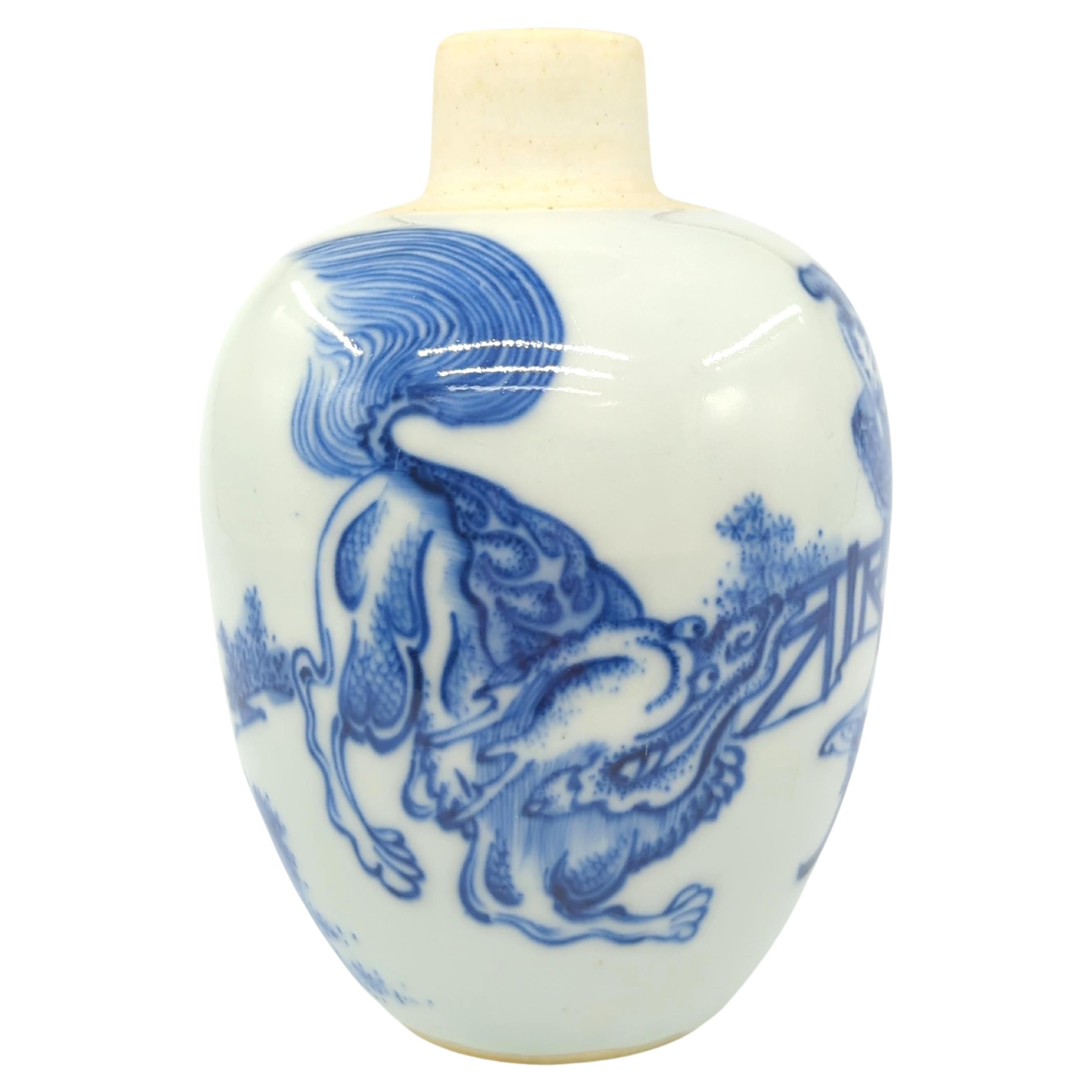 Porcelain Chinese Blue & White Tea Jar General Taming Qilin, Kangxi Mark, ROC Early 20c For Sale