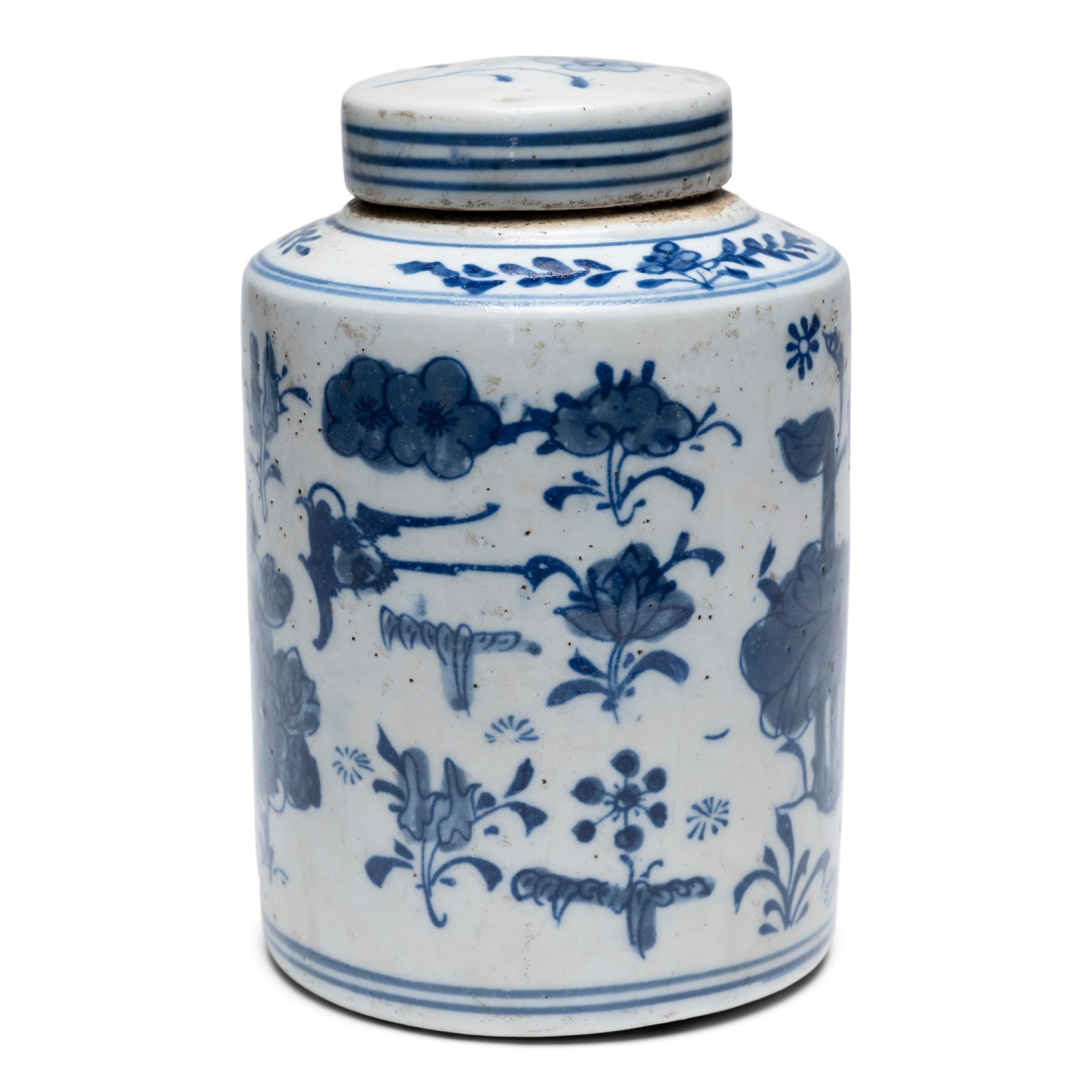 Lidded jars like these were used in tea shops throughout China, where tea drinking was a symbol of taste and upper-class refinement. This tea leaf jar dates to the early 20th century and exemplifies the timeless allure of blue-and-white porcelain.