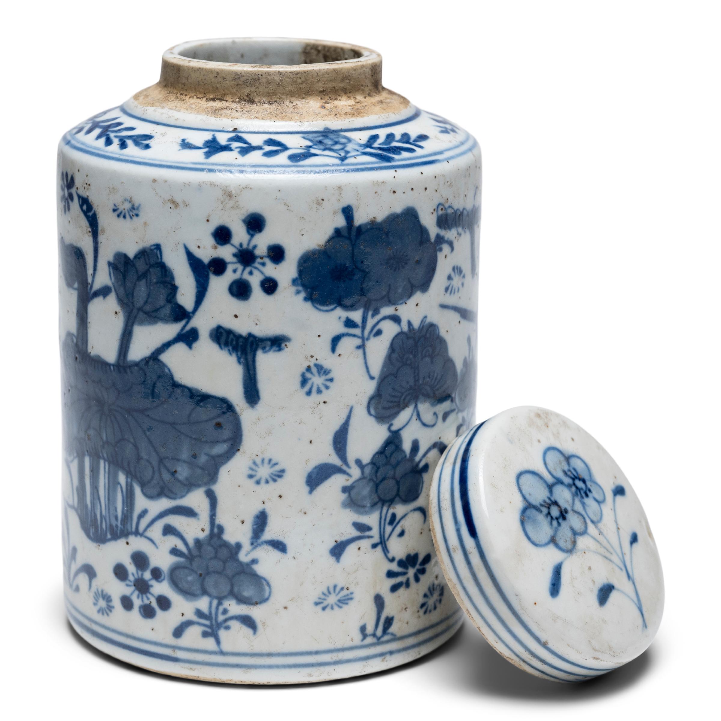 Glazed Chinese Blue & White Tea Leaf Jar, c. 1900 For Sale