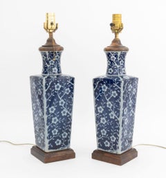 Chinese Blue & White Vases Mounted as Lamps, Pair