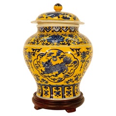 Vintage Chinese Blue and Yellow Porcelain Ginger Jar