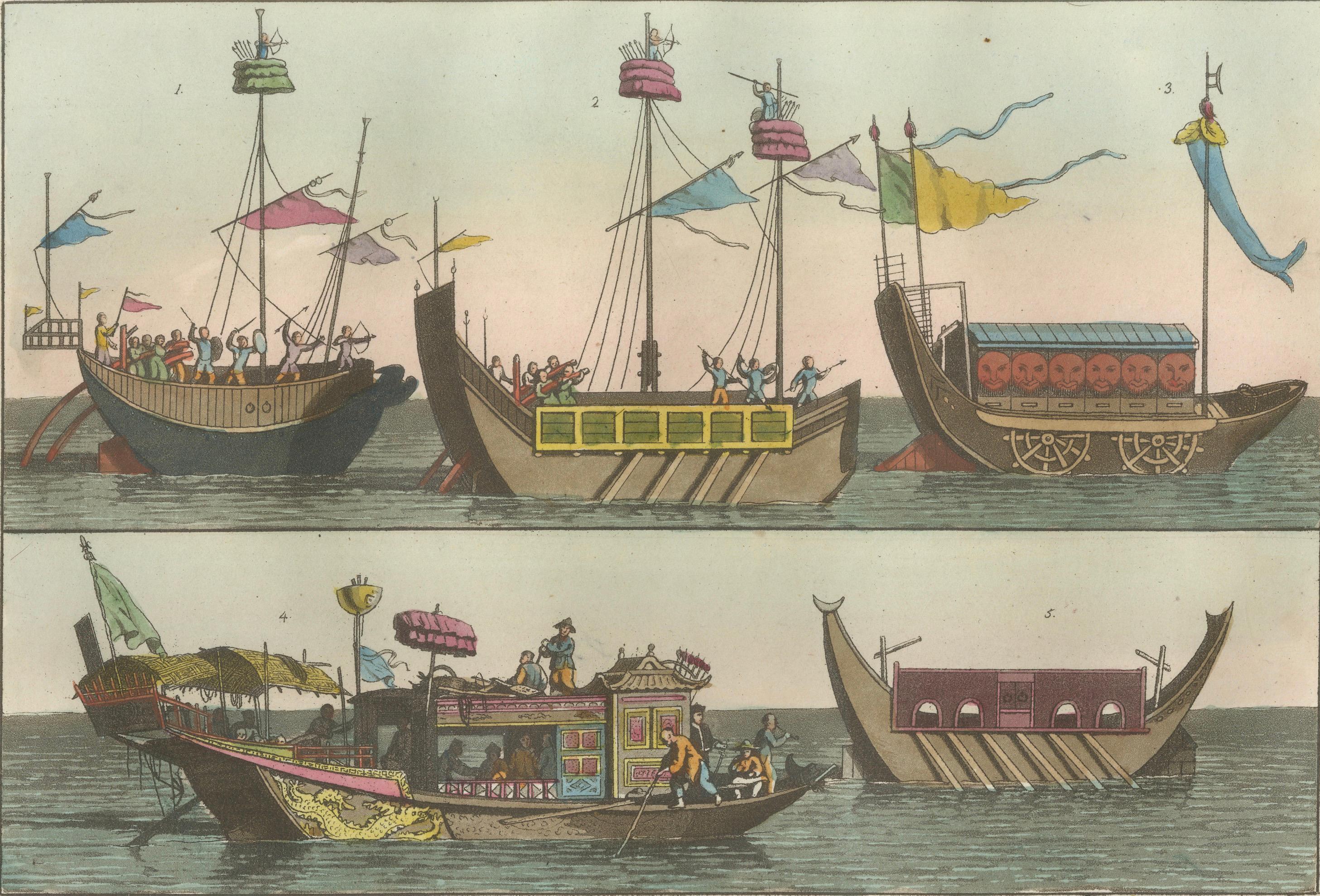 Chinese Boats and River Vessels, Hand-Coloured Ferrario Engraving, 1815