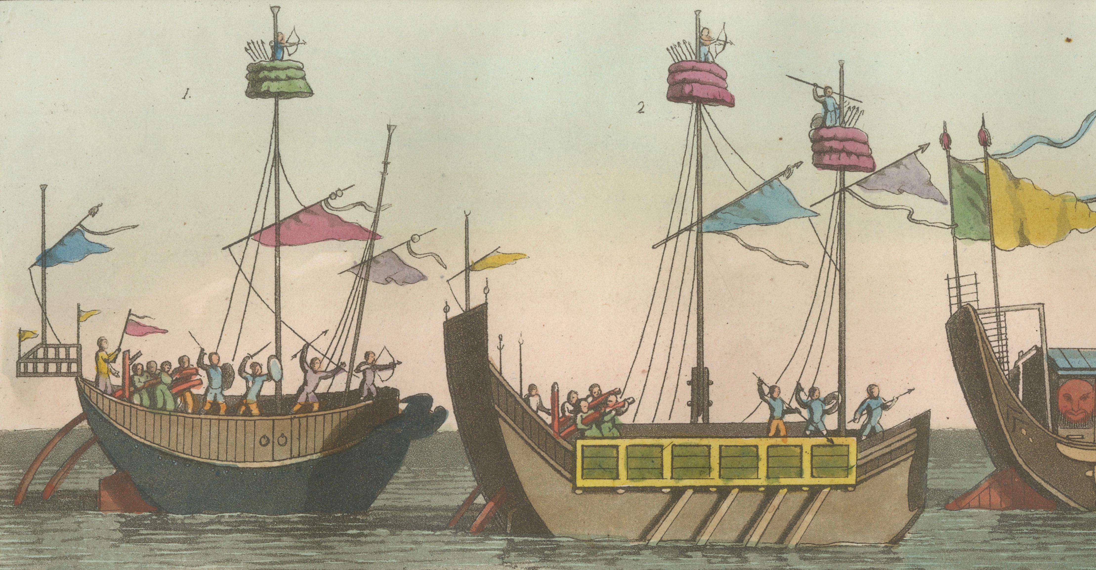 Chinese Boats and River Vessels, Hand-Coloured Ferrario Engraving, 1815