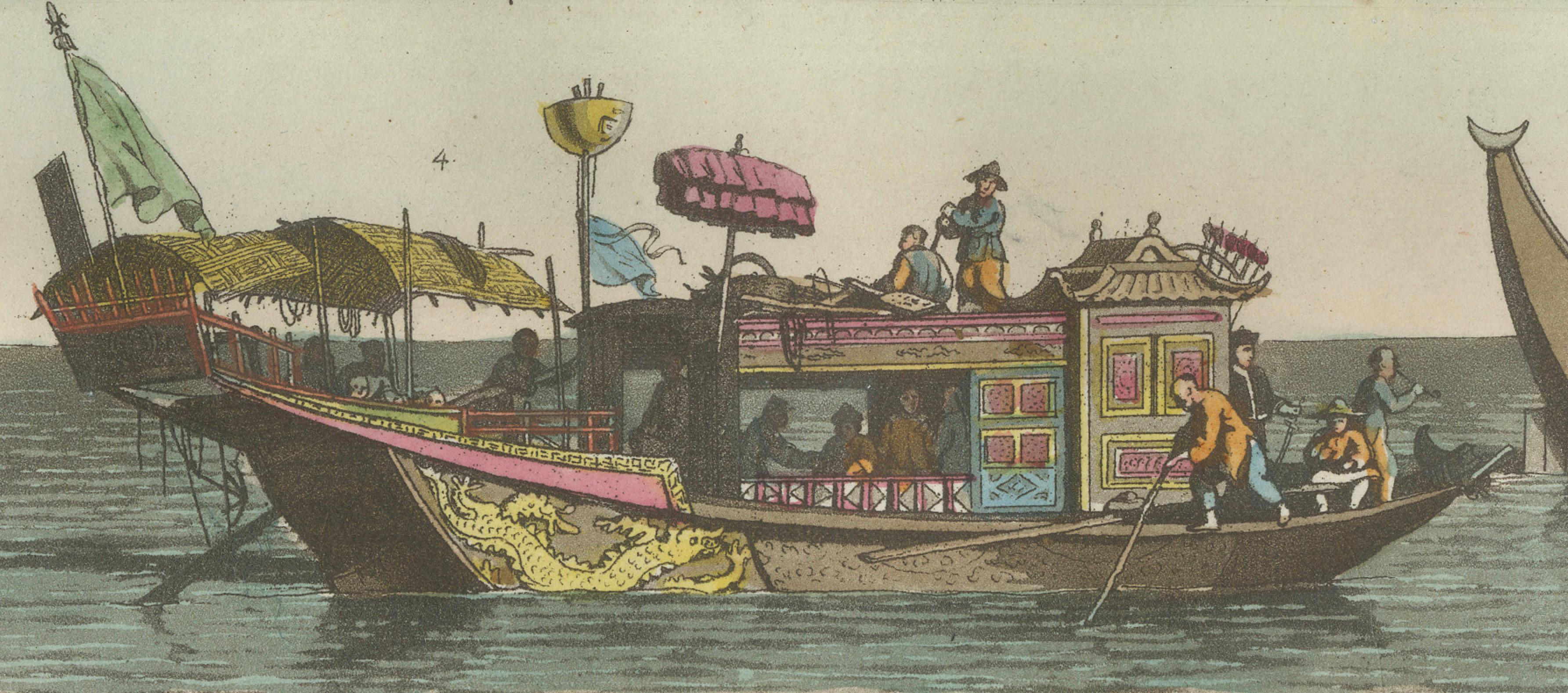 Chinese Boats and River Vessels, Hand-Coloured Ferrario Engraving, 1815
