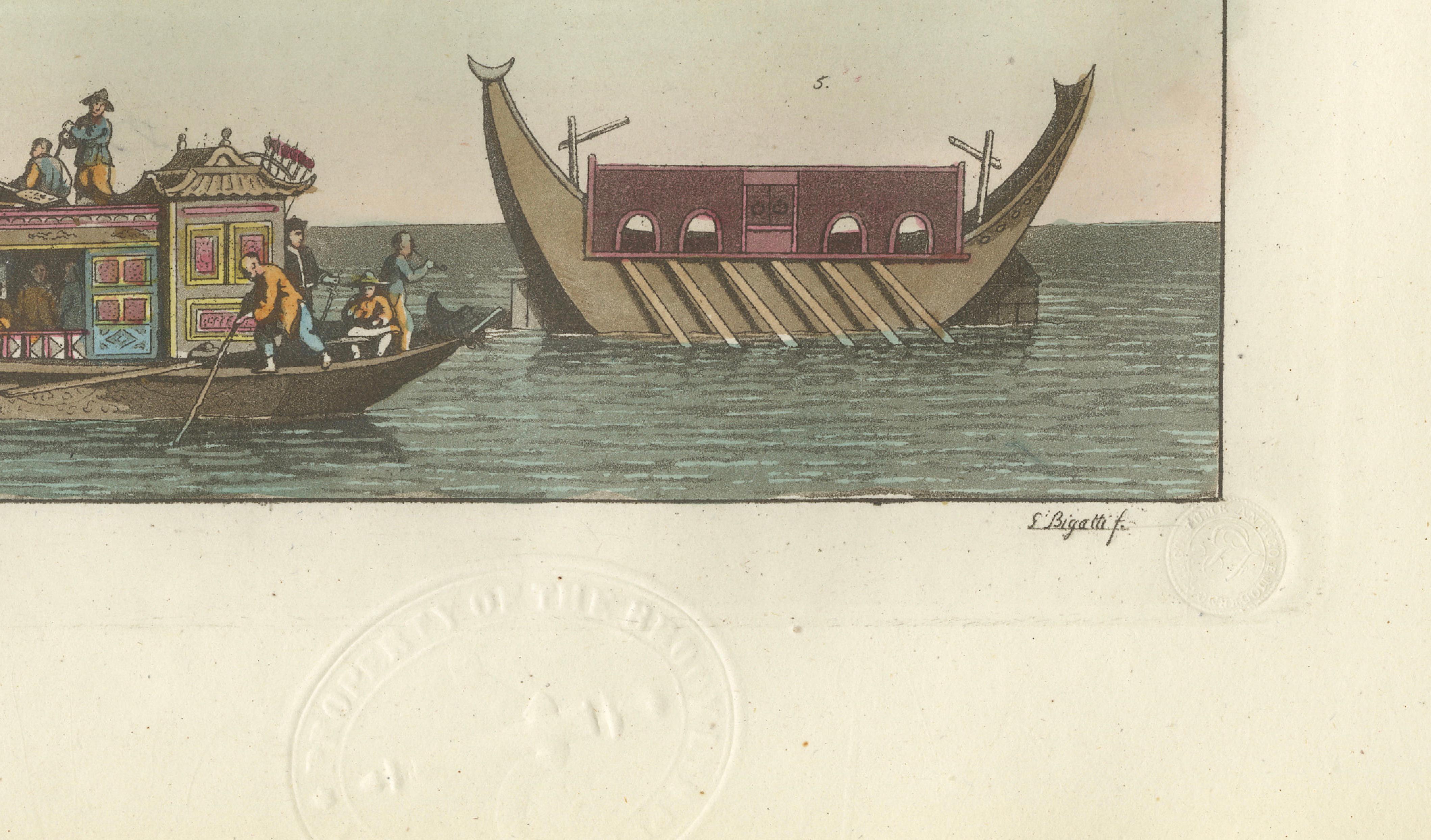 Chinese Boats and River Vessels, Hand-Coloured Ferrario Engraving, 1815