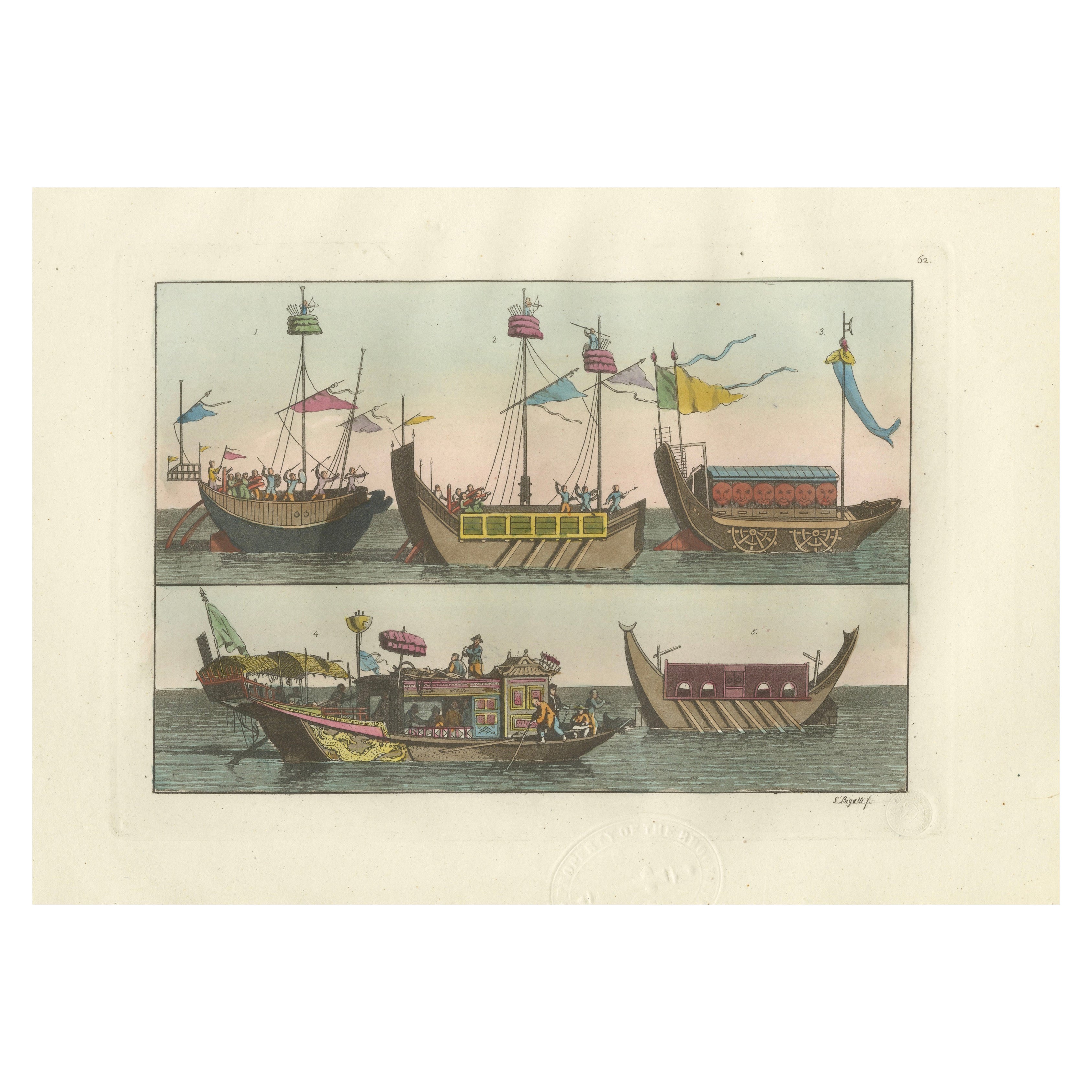Chinese Boats and River Vessels, Hand-Coloured Ferrario Engraving, 1815 For Sale