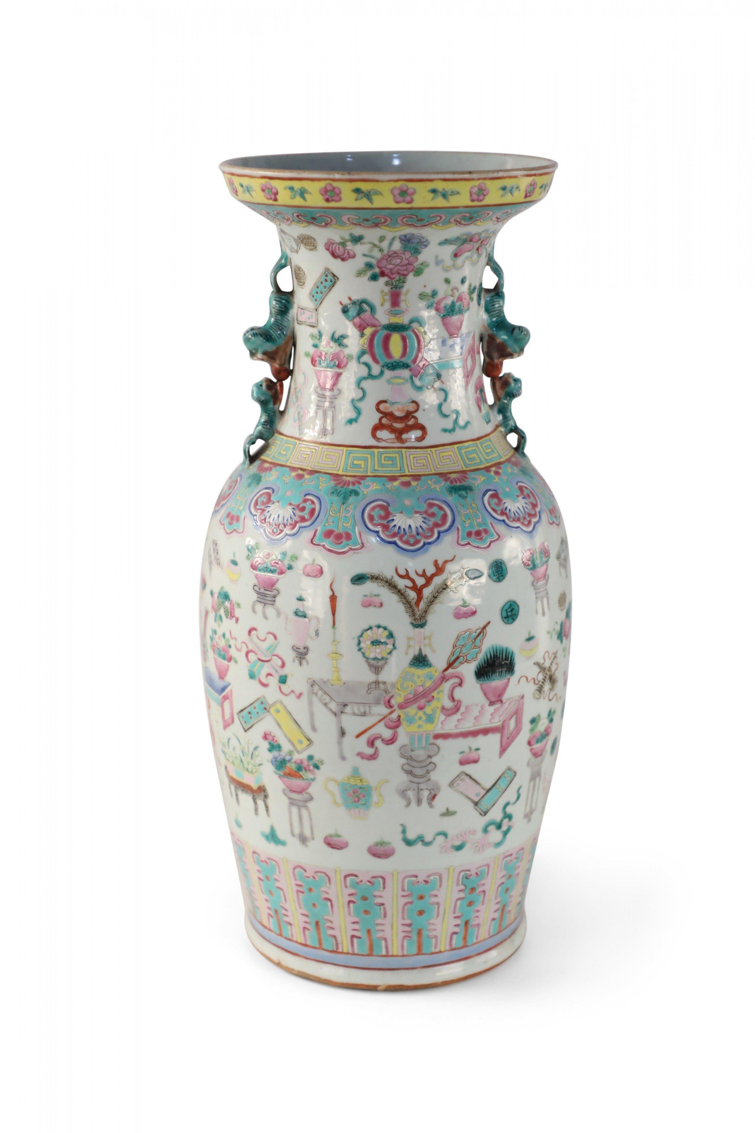 19th Century Chinese Bogu Pattern Tiger-Handled Porcelain Vase For Sale