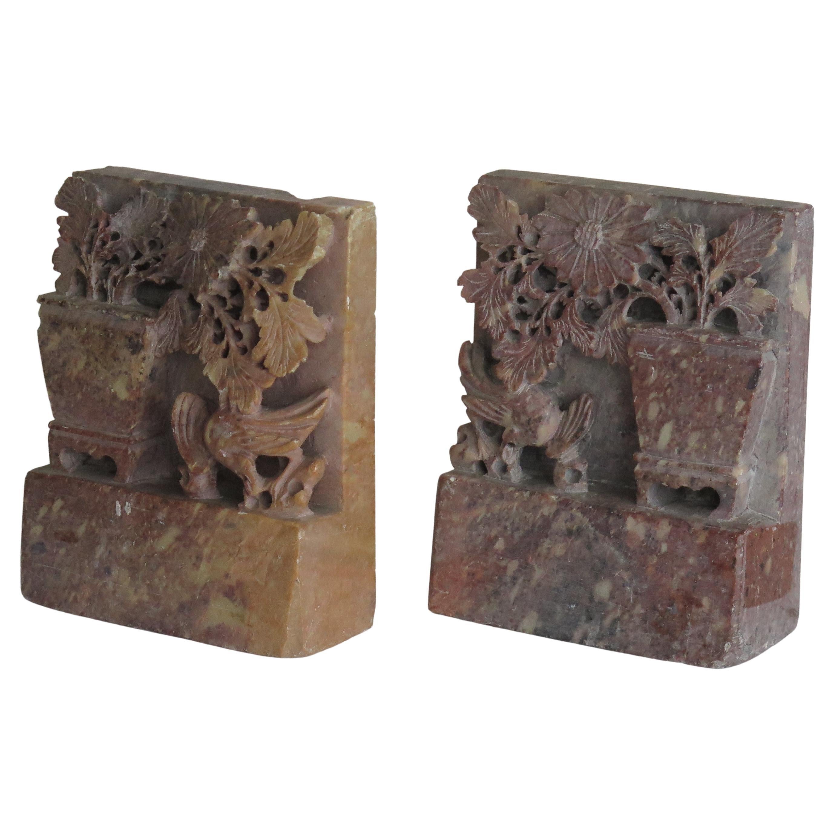 Chinese Bookends of Soapstone hand carved, Republic Period circa 1920s For Sale