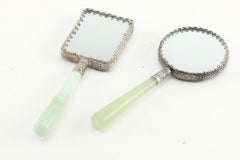 Chinese Bowenite Handled Magnifying Glass and Two Hand Held Mirrors Porcelain