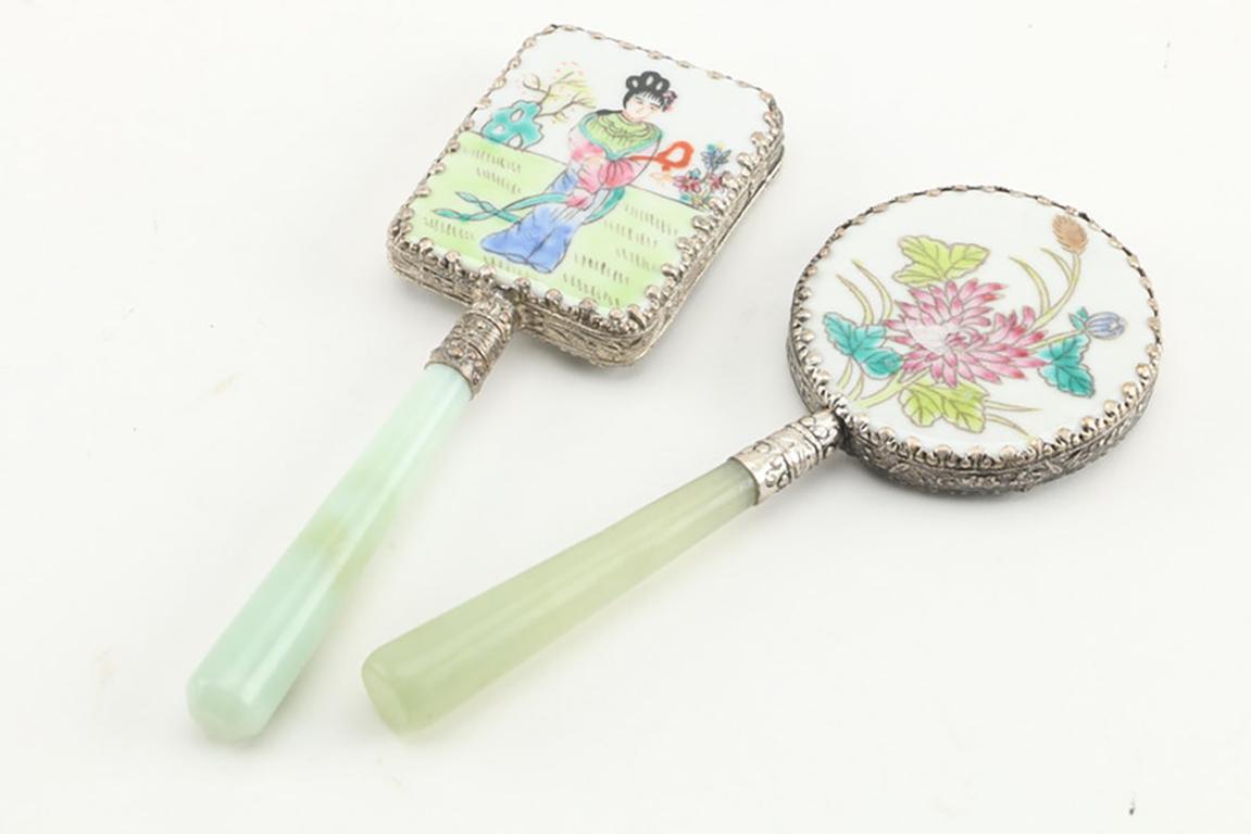 Chinese Chippendale Chinese Bowenite Handled Magnifying Glass and Two Hand Held Mirrors Porcelain For Sale
