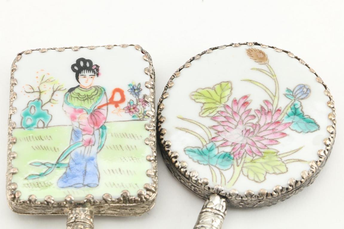 Asian Chinese Bowenite Handled Magnifying Glass and Two Hand Held Mirrors Porcelain For Sale