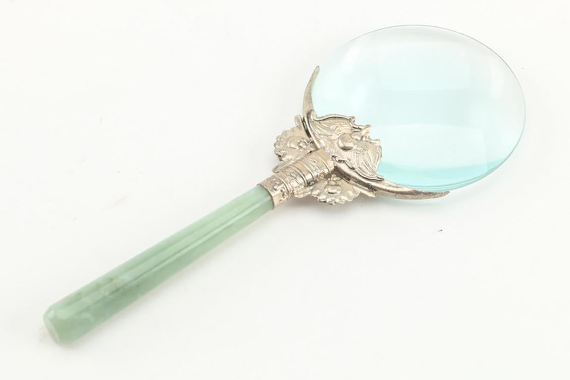 Chinese Bowenite Handled Magnifying Glass and Two Hand Held Mirrors Porcelain In Good Condition For Sale In Southampton, NY